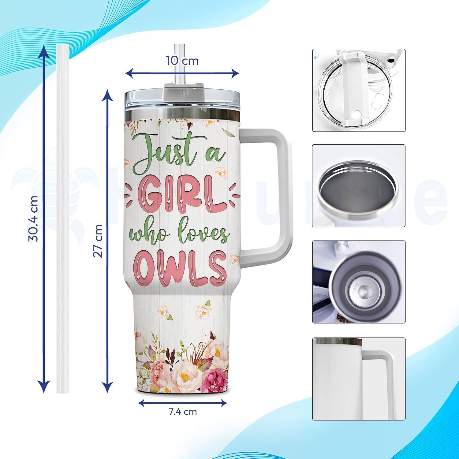 Hyturtle Personalized Gifts For Owl Lover Tumbler 40oz with Handle and Straw - Stainless Steel Travel Coffee Cup With Lid - Cute Animal Lover Gifts For Women, Girl On Birthday Christmas