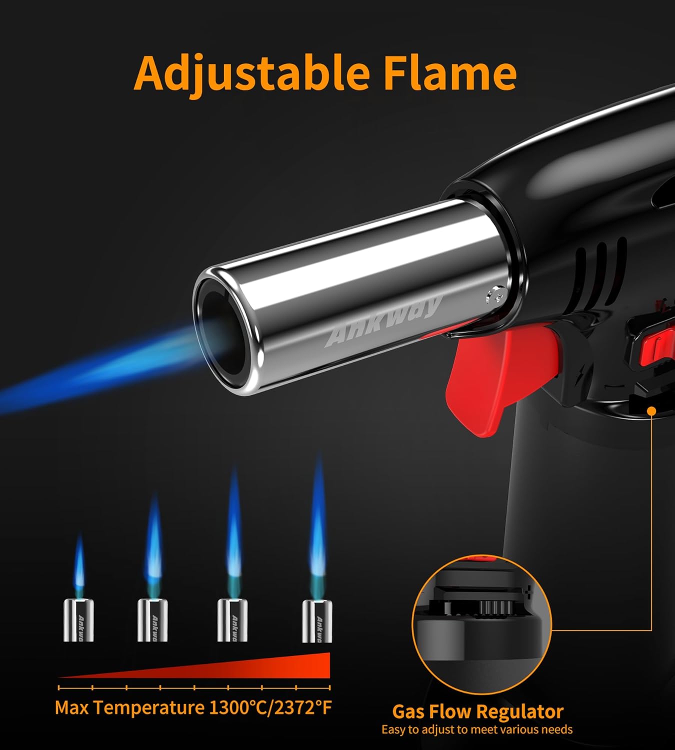 Various applications of the Ankway Butane Torch: art and craft, fire starter, home repair, and cooking.