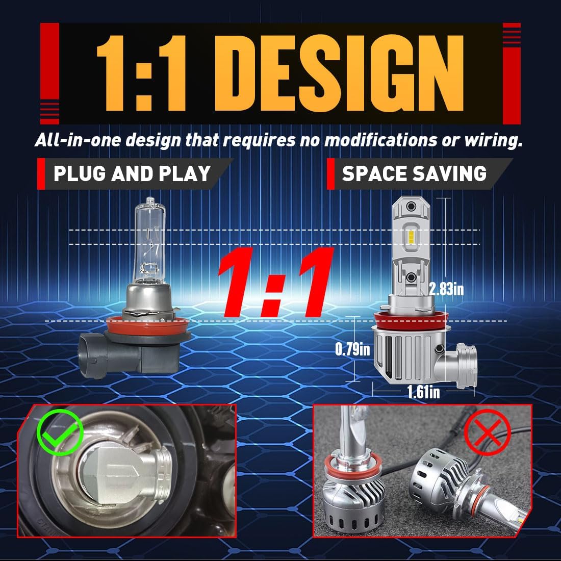 H11 Led Bulbs, 30000LM 1000% Brightness, Cool White 6500K, 1:1 Mini Size, Plug and Play, Canbus Ready, Hi and Low Beam, H8 H11 H16 led fog lights, Pack of 2