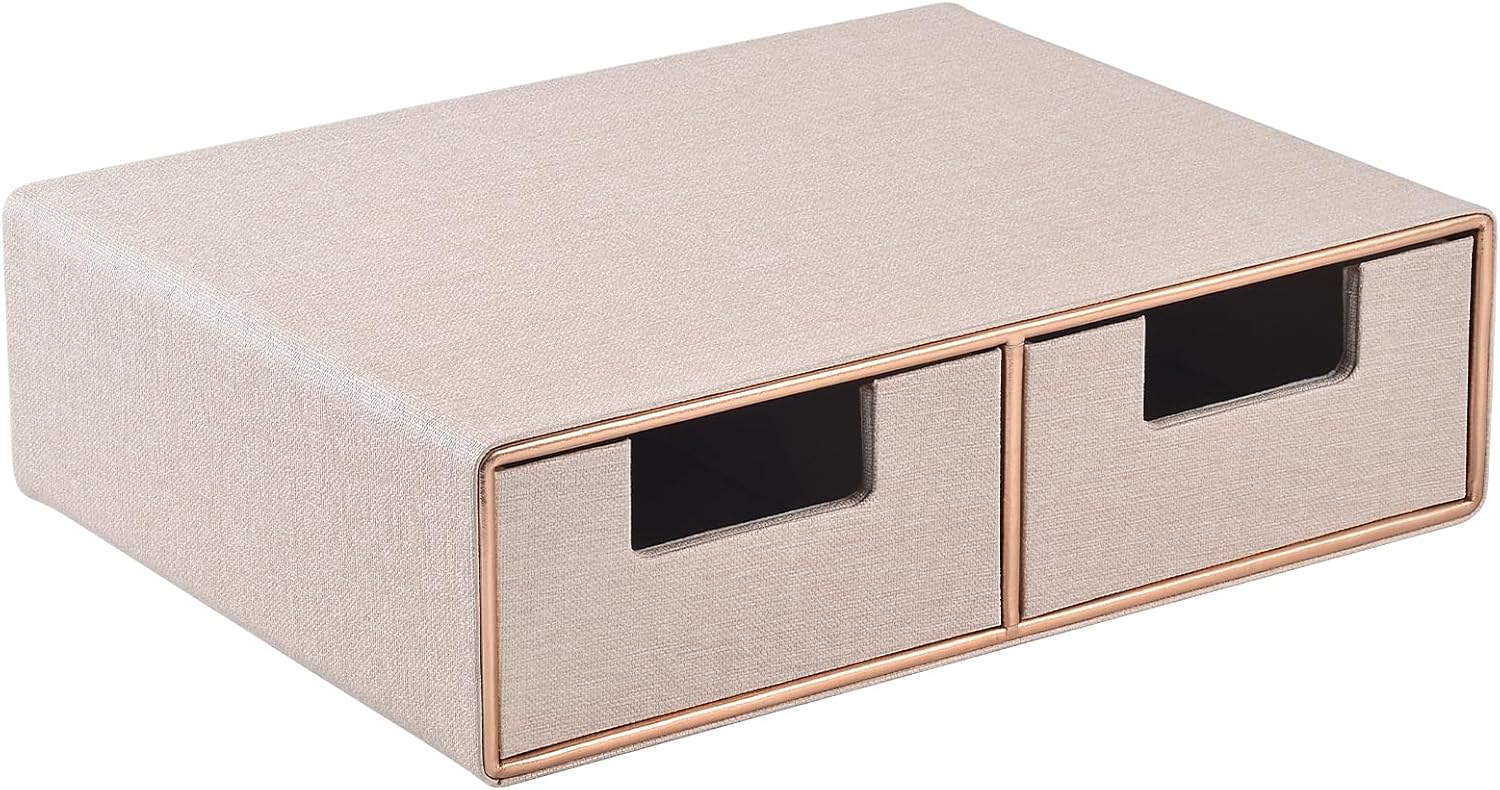 Linen Leather Desk Organizer and monitor stand with Drawers－Mini Desktop Drawer Organizer Stackable－Tabletop Organization Storage Box for Office Supplies Home Vanity Toiletries (Black, 2-drawers)