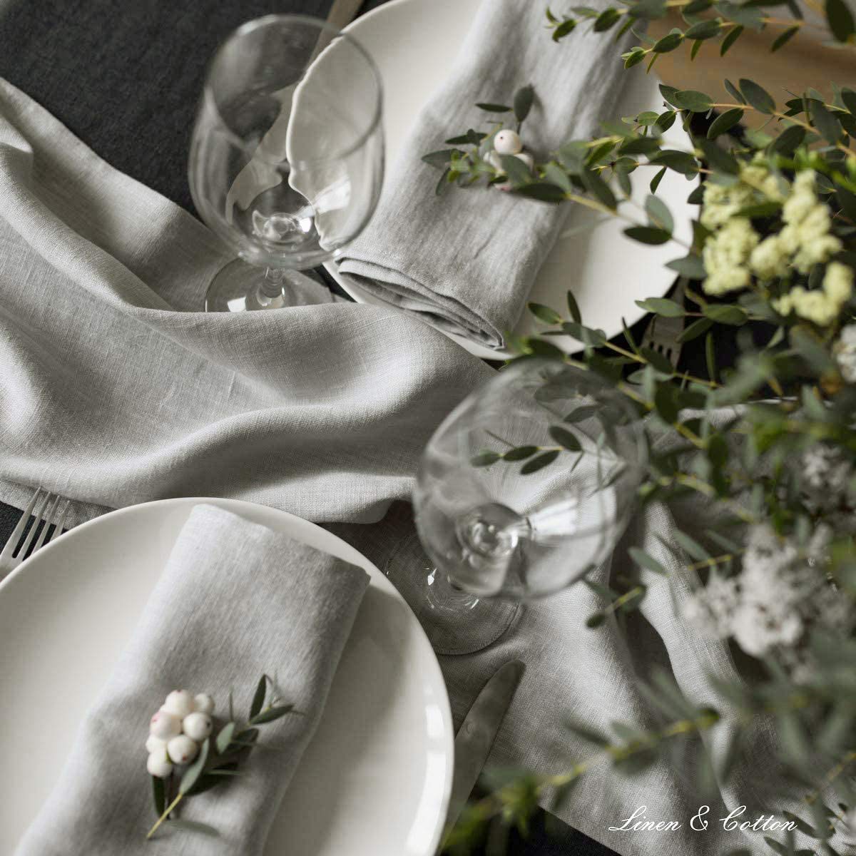 Linen & Cotton Tischläufer Hygge, 100% Leinen - Hellgrau Grau, 40x350 cm | Rechteckig Stoff Tischband, Stoff Läufer Tisch Lang für Home Esstisch Restaurant Hotel Party Deko Sommer Ostern Weihnachten