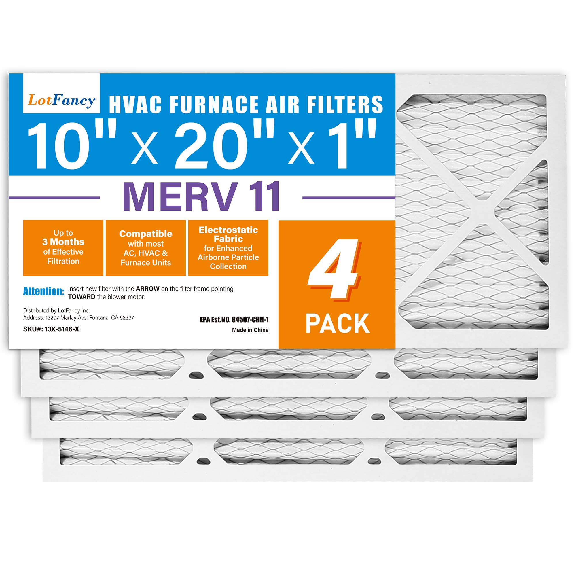 LotFancy MERV 11 Lot de 4 filtres à air plissés pour chaudière CVC et climatisation - Taille réelle : 24,8 x 50,2 x 1,9 cm