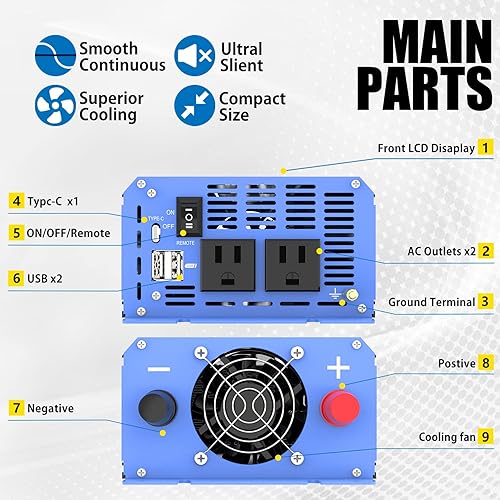 Miniatura 2 de Inversor de onda sinusoidal pura de 1100 vatios, convertidor de 12 V CC a 110 V 120 V CA con dos salidas de CA, puertos USB, puertos tipo C, control