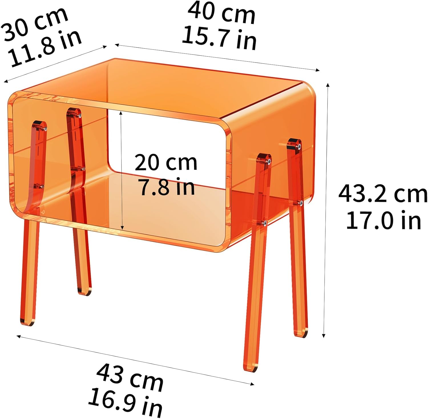 Acrylic Side Table, 2-Tier End Table with Open Storage for Small Spaces, Clear Nightstand Bedside Table with for Bedroom, Living Room (Orange, 16.9" × 11.8“ × 17”)