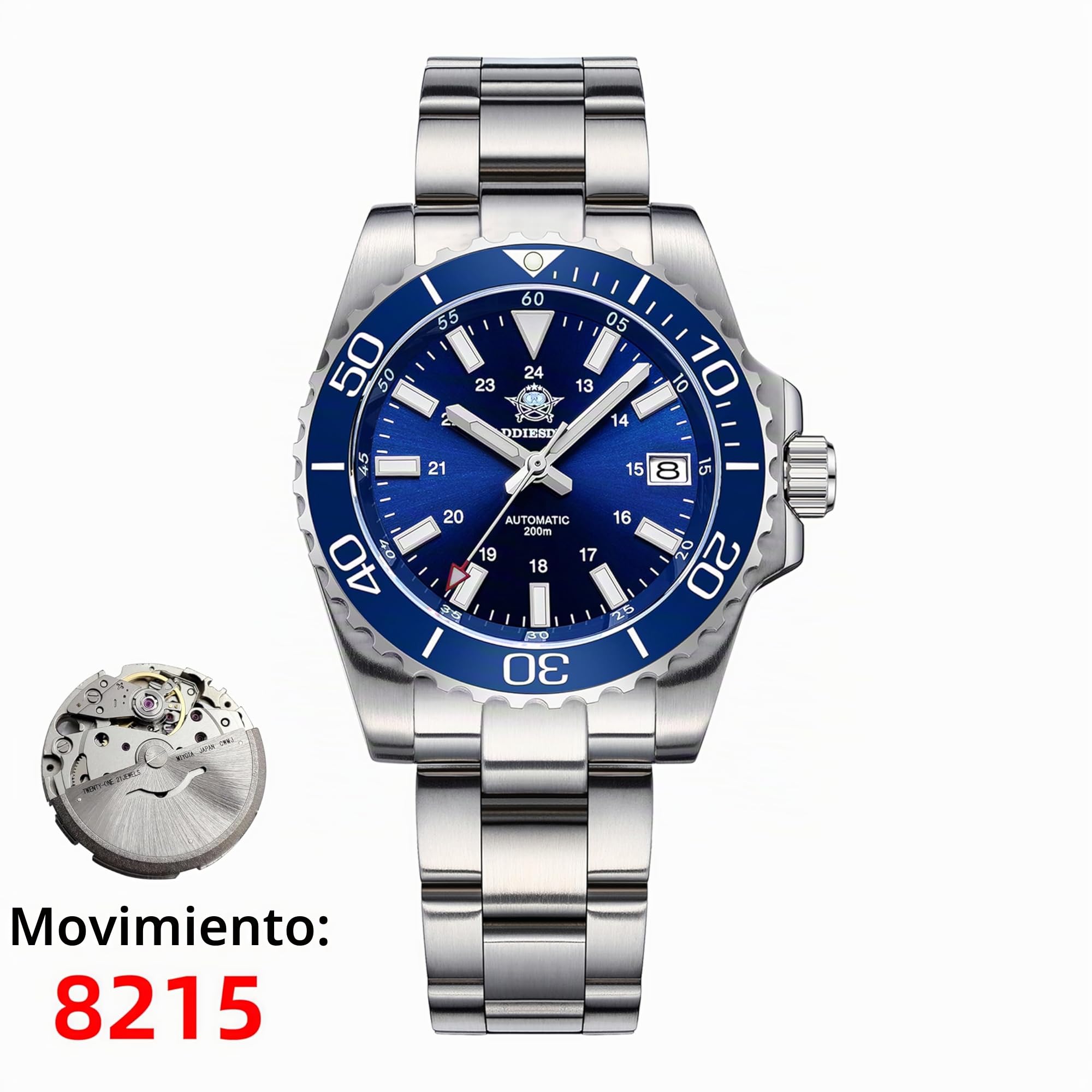 ADDIESDIVE Reloj automático Hombre 8215 Relojes mecanico Bisel cerámico Luminoso BGW9 Reloj analógico Hombre Buceo 200m AD2504
