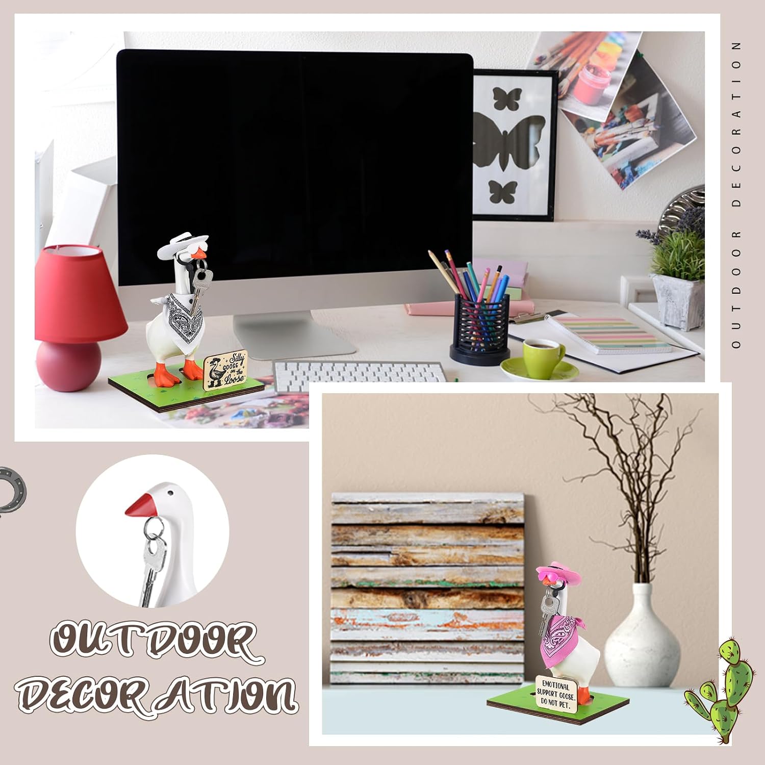 24 Pcs Magnetic Goose Key Holder Cute Resin Goose Statue with Cowboy Hats Bandanas Writable Interchangeable Signs Chalk for New Apartment Housewarming Gifts Office Table Desk Home Decor