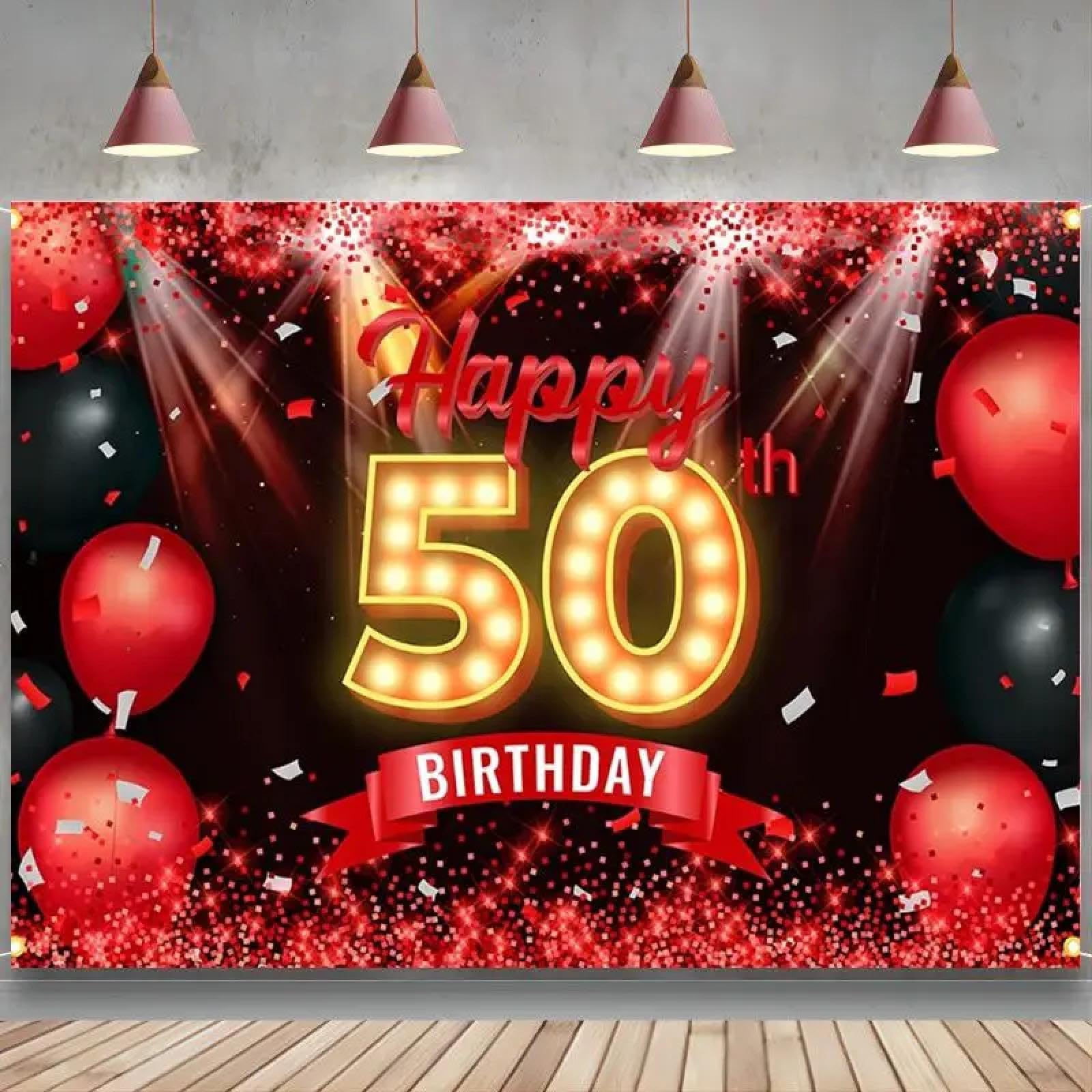 Joyeux 50e Anniversaire bannière Toile de Fond Rouge et Noir 50 Ans Fond Bday décorations pour Femmes Hommes Photographie Partie suppl 440x300CM