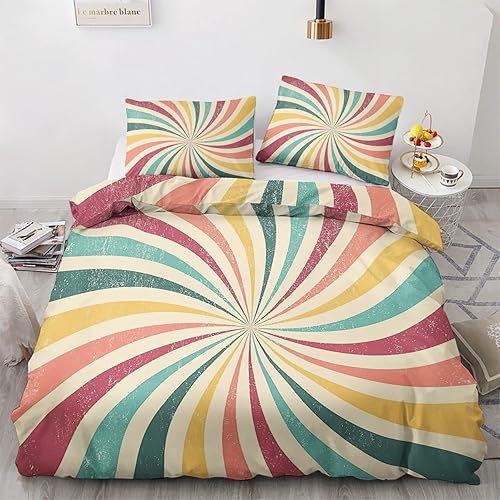 Juego de funda de edredón Queen  Juego de ropa de cama vintage  Patrón de arco iris retro de los años 70  3 piezas  Funda de edredón de microfibra
