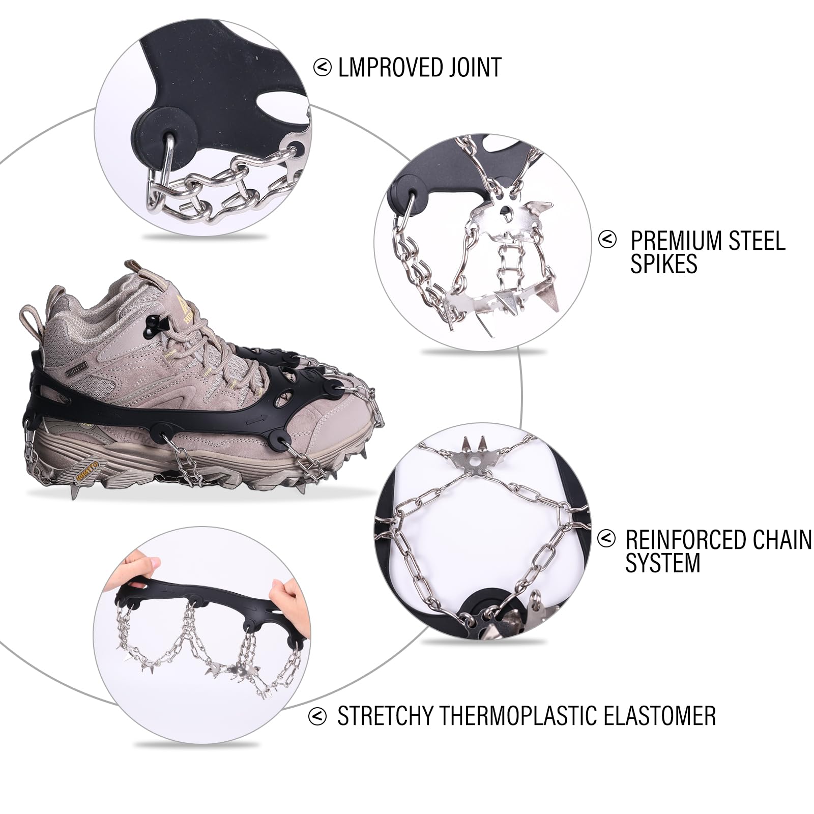 Crampons à glace antidérapants à 24 pointes pour chaussures et bottes avec pointes en acier inoxydable et silicone pour homme et femme pour randonnée, jogging, escalade, pêche