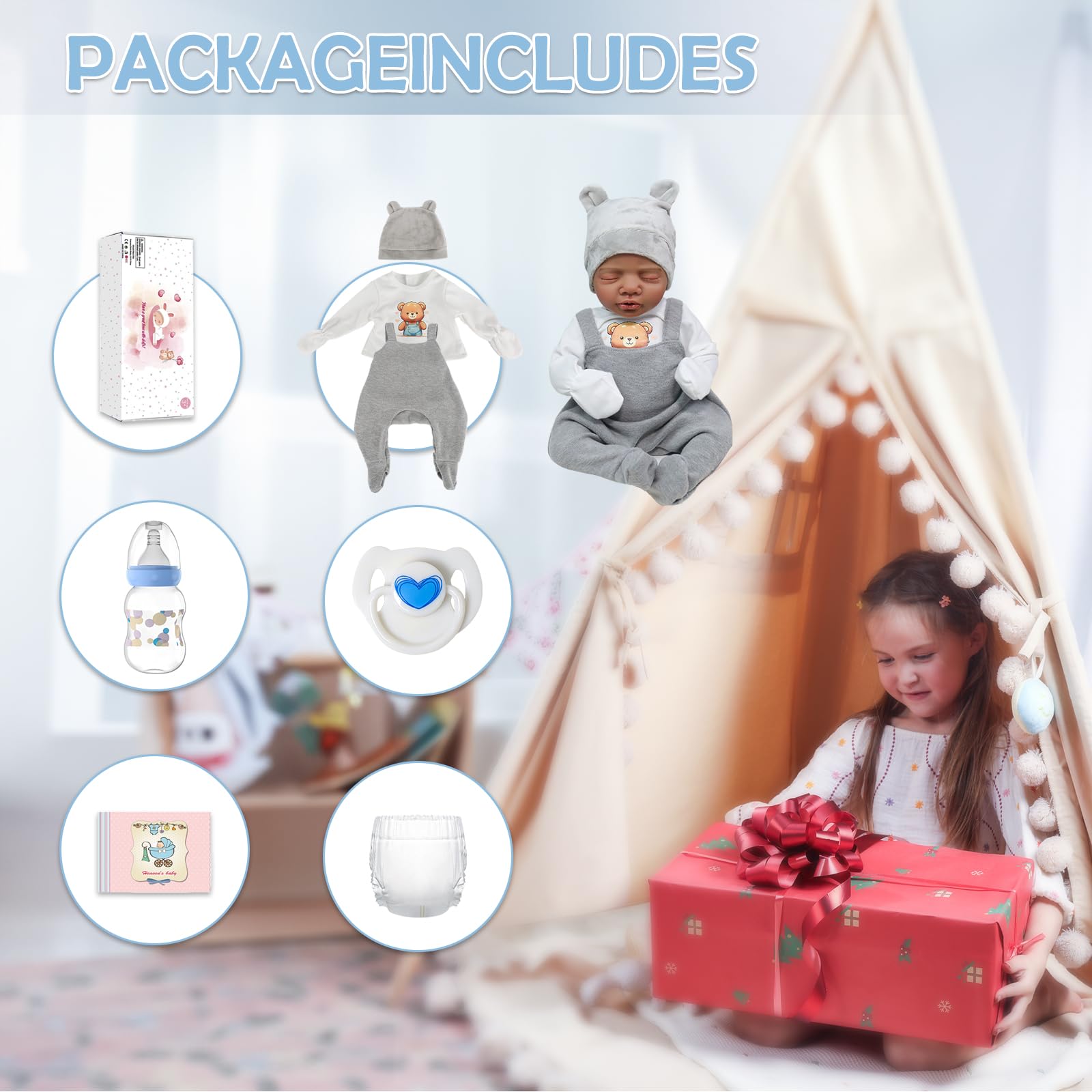 Muñecas de bebé Reborn realistas negras – Muñeca de bebé de la vida real de 18 pulgadas, muñeca de bebé afroamericana real, muñeca de bebé recién nacido realista con cuerpo suave, juego de 5