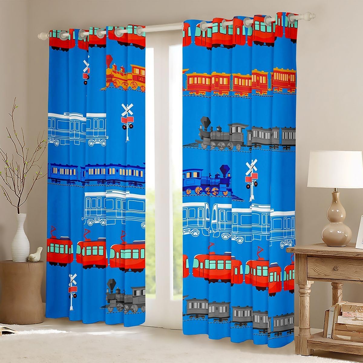 Feelyou Cartoon Car Curtains for Bedroom Kids Boys Girls Vintage Car Blackout Curtains Train Darkening Dreapes Decor Retro Steam Train Blue Light Sign Window Treatments (2 Panels, 38 x 54 Inch)