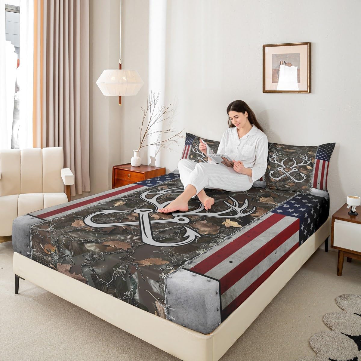 Homewish Deer Antler Fishing Fitted Sheet Queen Size,Boys Vintage American Flag Bedding Set for Kids Teens Men Room Decor Brown Jungle Branches Camo Bed Sheet Adventure Hunting Deep Pocket Sheet 3Pcs