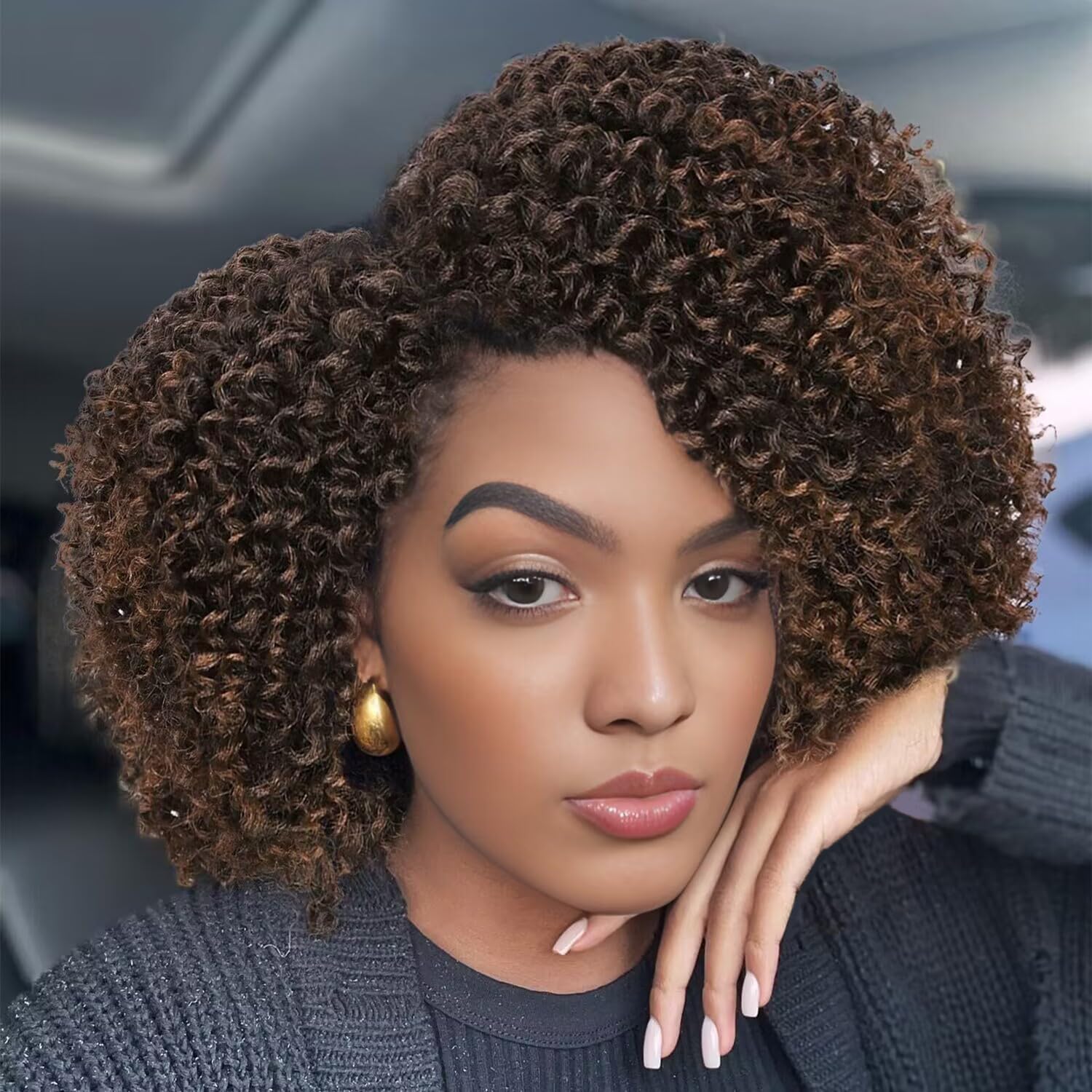 WIGER 6 inches Short Kinky Curly Wigs Ombre Brown Side Part Twist Out Wigs Afro Curly Wigs for Black Women Synthetic Wigs for Women Daily Use(1B/30)