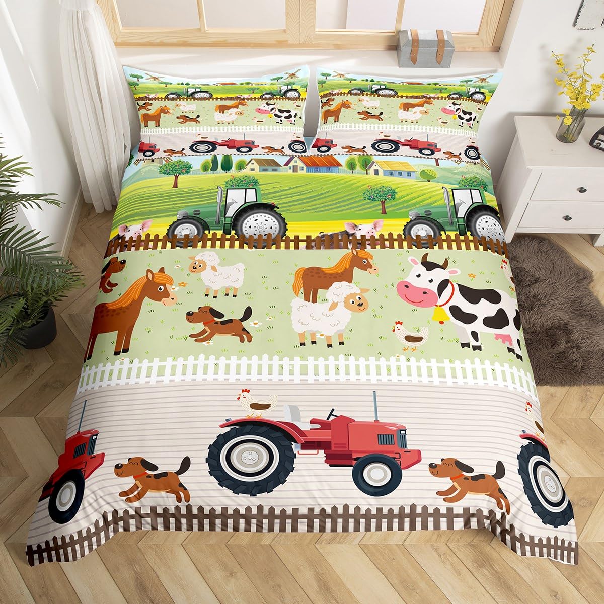 Kids Cartoon Farm Animals Bedding Set Junior/Cot Bed Toddler Cute Tractors Comforter Cover for Boys Girls Kids Farmhouse Country Style Duvet Cover Colorful Room Decor Nature Theme