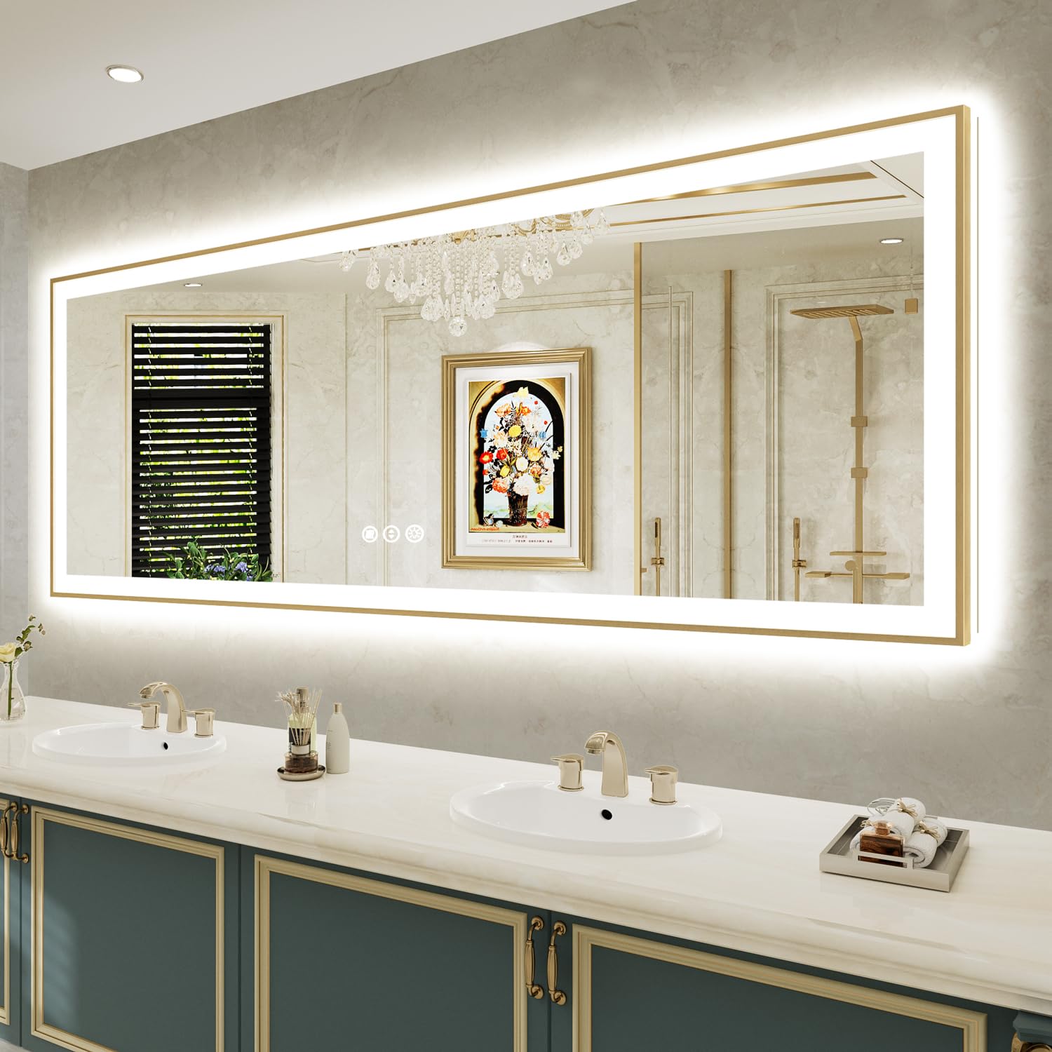84x32 LED Bathroom Mirror with Lights, Gold Framed Lighted Mirror