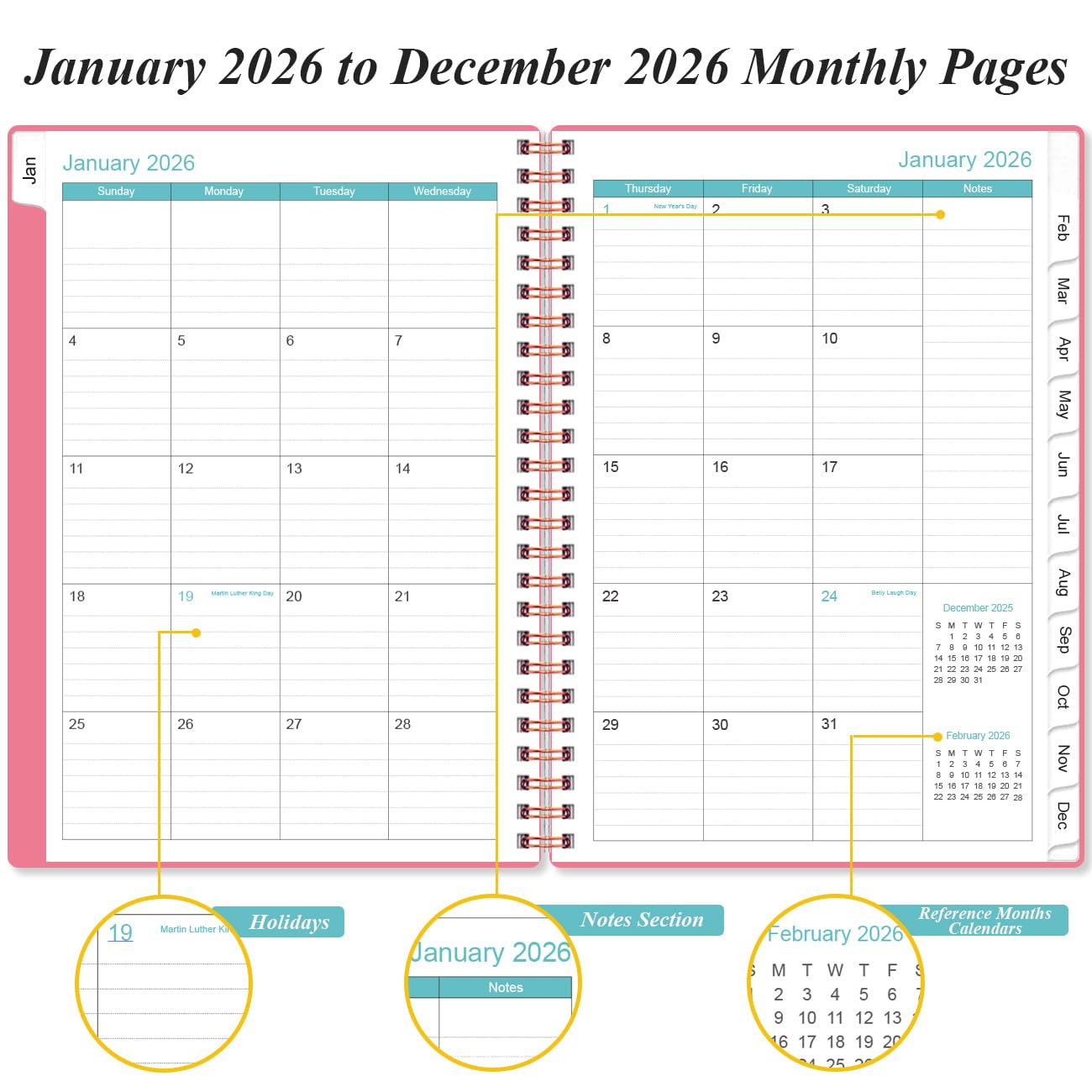 Agenda diaria y mensual 2025, una página por día, enero de 2025 a diciembre de 2025, agenda 2025 con tapa flexible, 12 pestañas, bolsillo interior, 6.4 x 8.5 pulgadas, rosa
