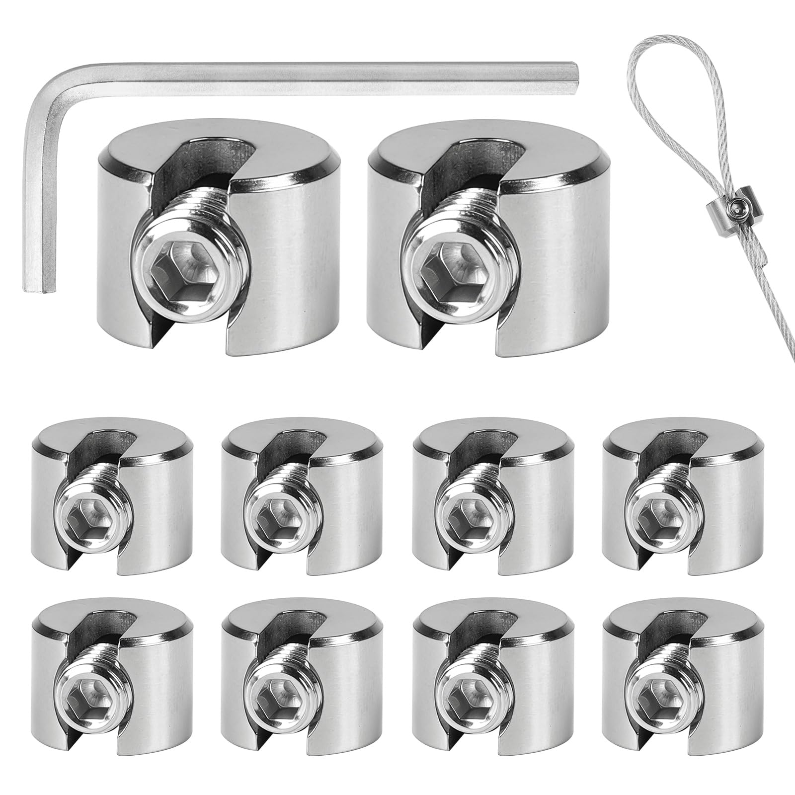 10PCS Serre Cable Acier Inoxydable 4 mm M8, Serre-Câbles Inox avec Hexagone Vis Clé, Clip de Serrage Corde pour Câble Métallique, Tendeur de Corde à Linge, Tendeur Cable