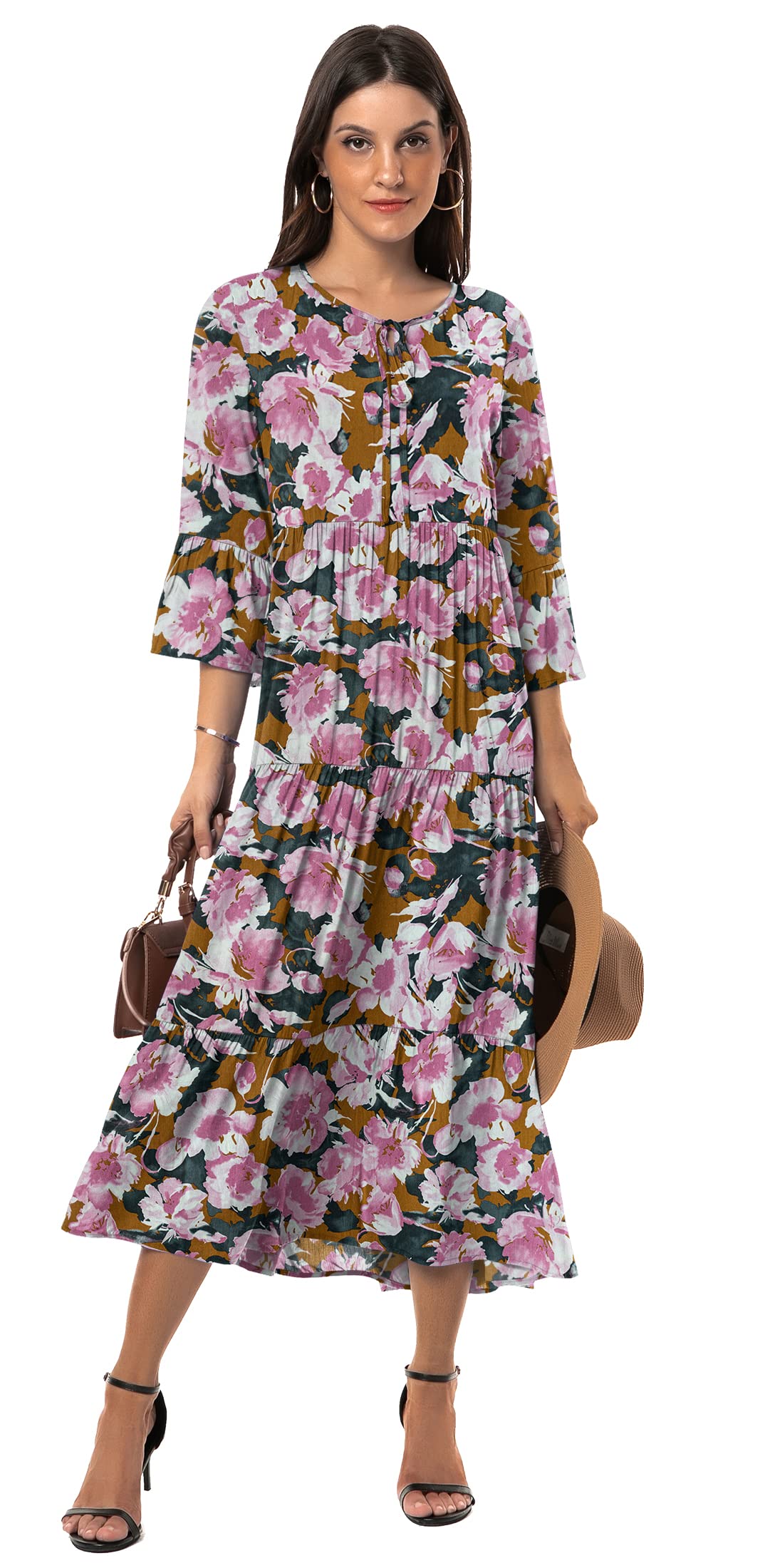 VIISHOW Womens 3/4 Sleeve Casual Bohemian Midi Dress