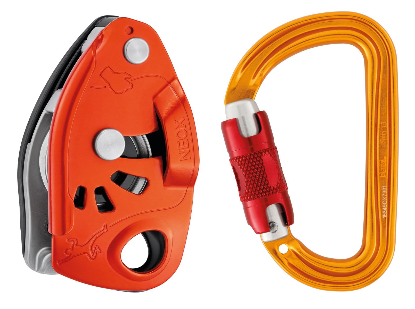 PETZLNEOX Belay Device with Sm'D Twist-Lock Carabiner - Belay Device with Cam-Assisted Blocking for Sport, Trad, & Top-Rope Climbing - Orange