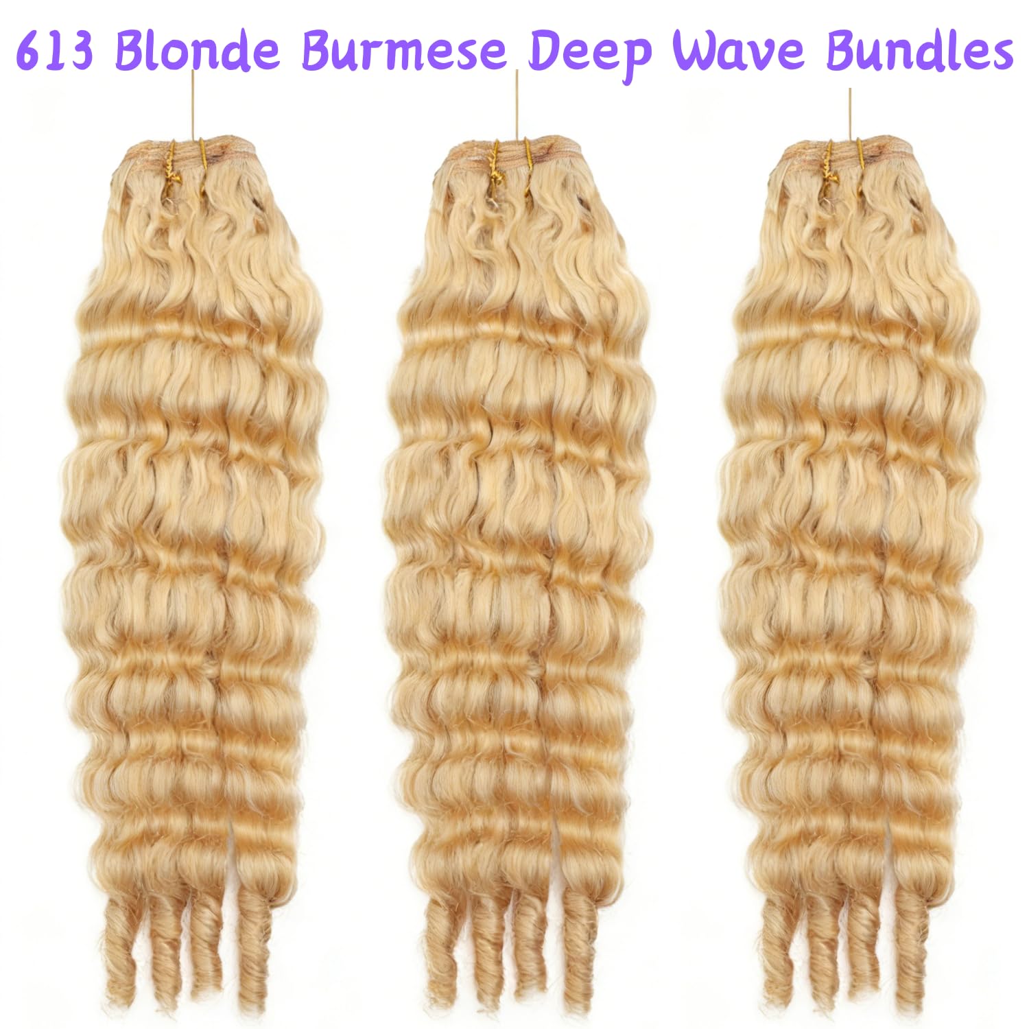 613 Blonde Burmese Curly Bundles Human Hair 16 18 20 Inch 3 Blonde Bundles 3C4A Deep Weave with Spiral Curly End Raw Human Hair Extensions 100% Unprocessed Unprocessed Brazilian Virgin Hair