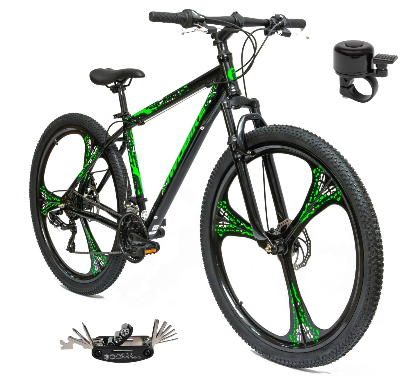 Rower Górski MTB 29 cali, Czarny Połysk z Zielonymi Akcentami | Rower Górski MTB 29 cali, Czarny Połysk z Zielonymi Akcentami, Męski, 21 Biegów, Rama Stalowa 18 cali, Amortyzacja Przednia,