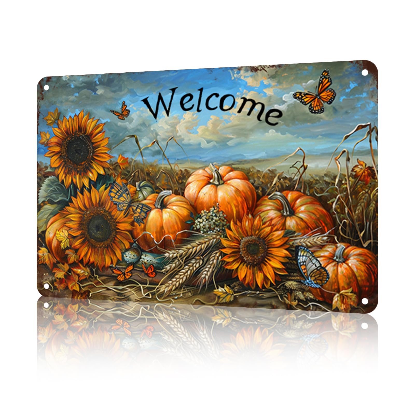 Anceky Aluminum Metal Signs Fall Pumpkin Welcome Tin Sign for Home Kitchen Retro Decor Yard Garden Outdoor 12×8 Inch