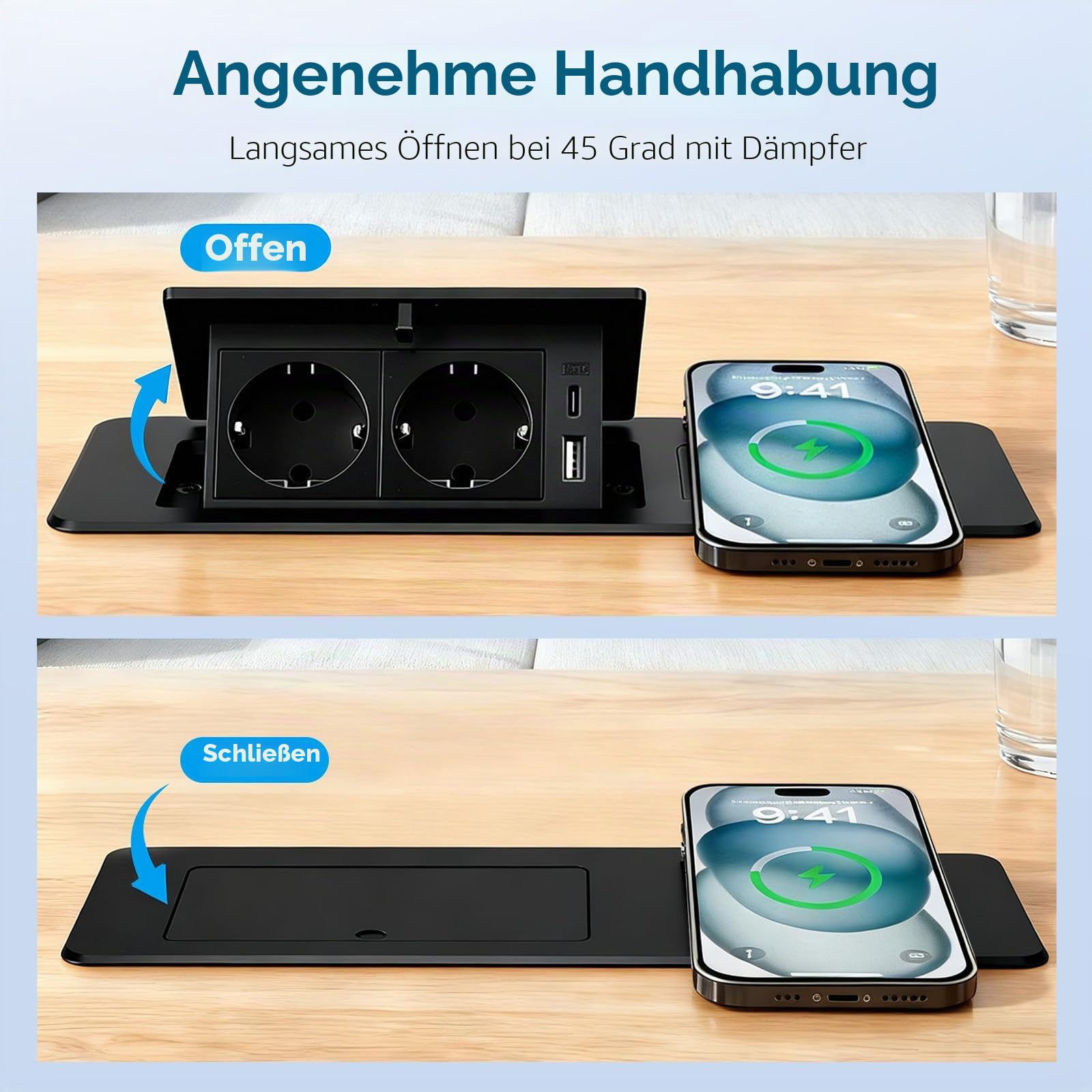 Versenkbare Steckdose mit USB, Einbau Steckdosenleiste mit Kabellosem Ladegerät, Softöffnung, Aluminium Spritzguss, 1,8m Anschlusskabel, Einbausteckdose für Küche, Schreibtisch,Konferenztisch(Schwarz)