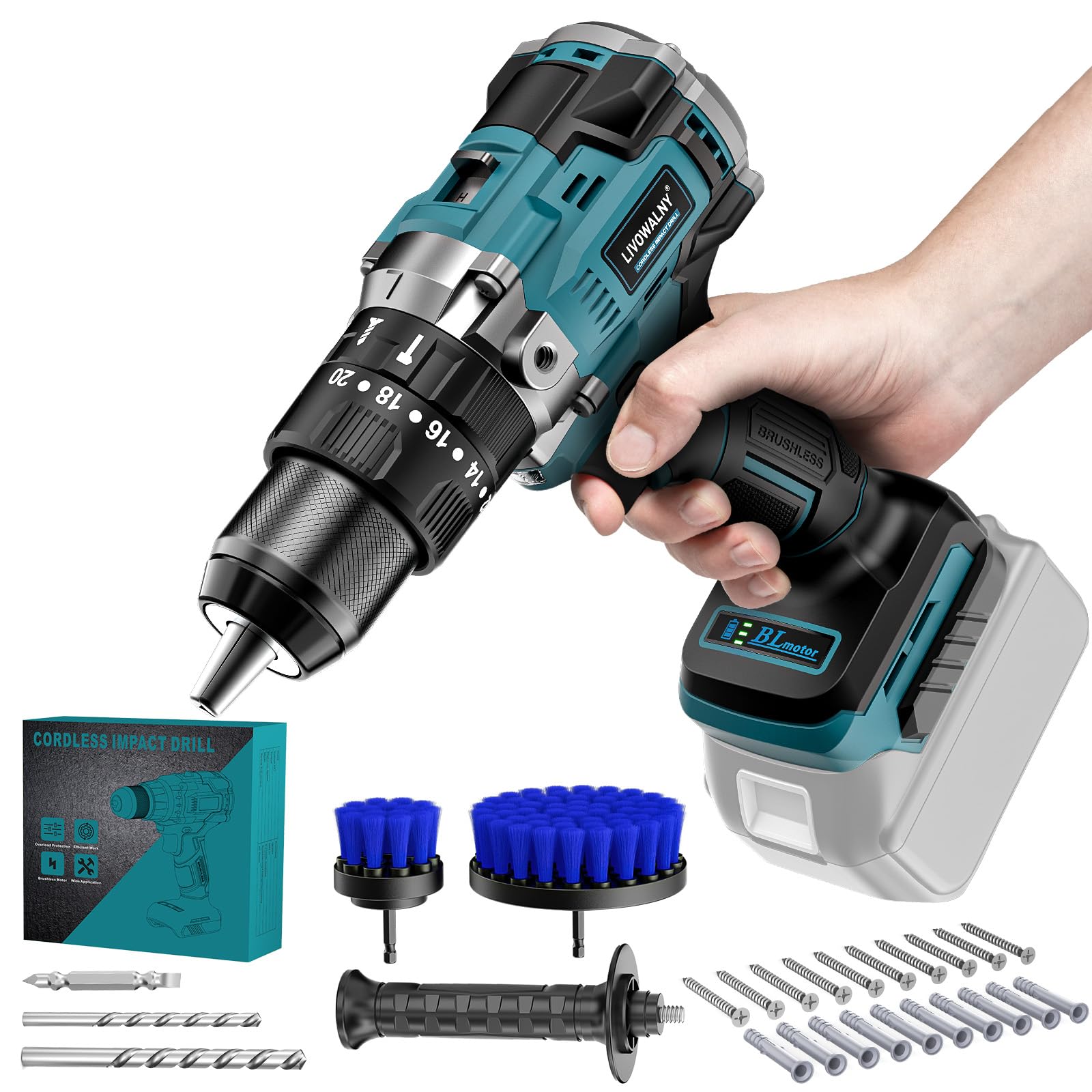 LIVOWALNY Taladro atornillador inalámbrico de 90 Nm, compatible con atornillador inalámbrico Makita, baterías de 18 V: atornillador de impacto de 21 niveles y transmisión de 2 velocidades con taladro