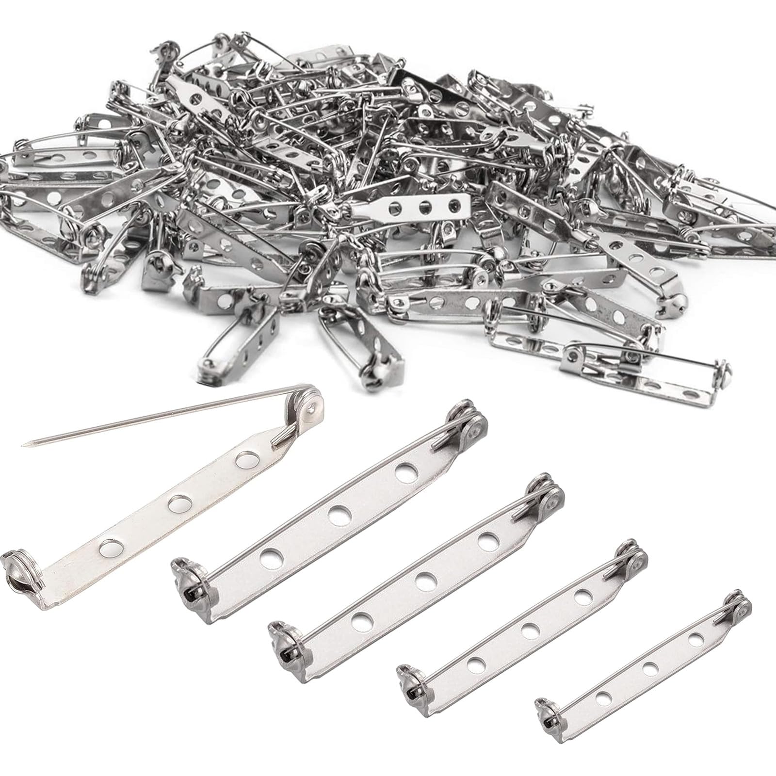 120pcs Brooch Pin Backs Kit - 4 Sizes Silver Bar Pins & Clasp Backings for Jewelry Making, Badges, Crafts, Name Tags and DIY Accessories