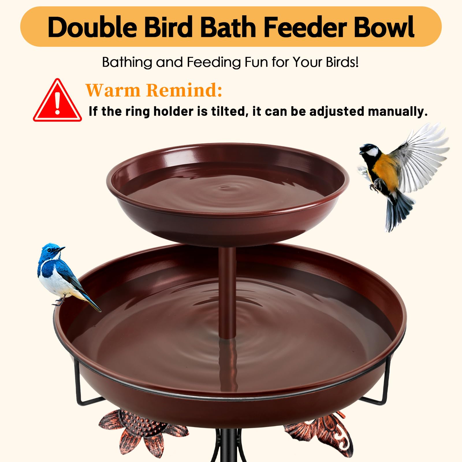 Mngren Bebedero para pájaros de pie, baño para pájaros para exterior, jardín, 2 en 1, de metal, bebedero para pájaros, bebedero para pájaros antiguo, resistente al invierno, cuenco de agua (marrón)