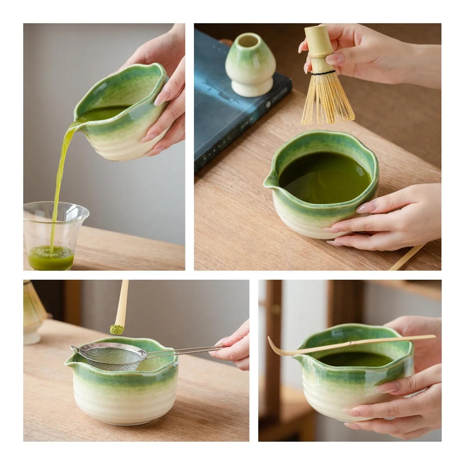 Juego de herramientas Matcha 2 piezas, cuenco con boquilla cerámica y soporte for batidor huevos(Matcha green)