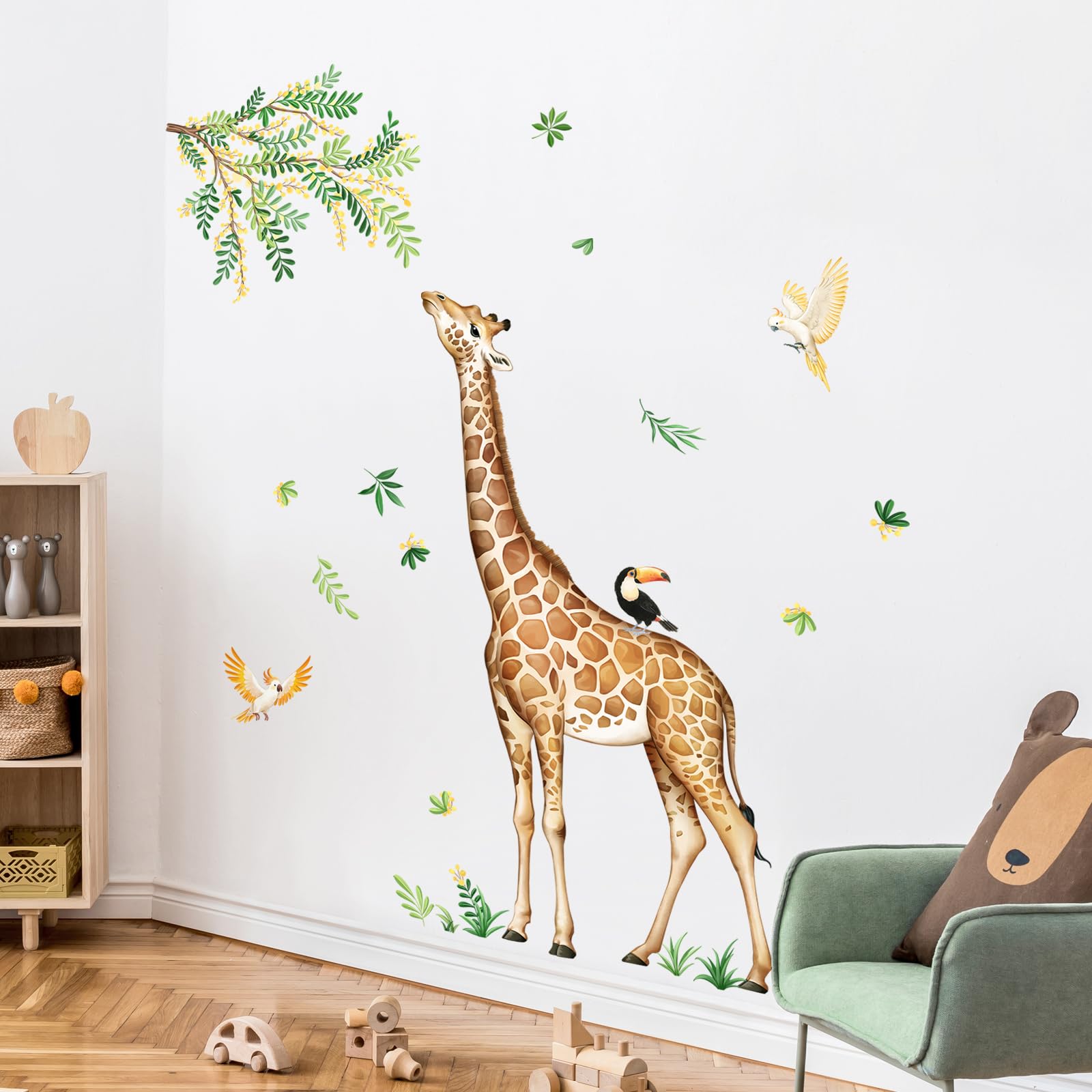 Tanlaby Girafe Stickers Muraux Autocollants Muraux Animal de Dessin Animé Stickers Muraux Animaux de la Jungle Décoration Murale Safari Feuilles Vertes pour Chambre de Bébé Enfant Salle de Jeux