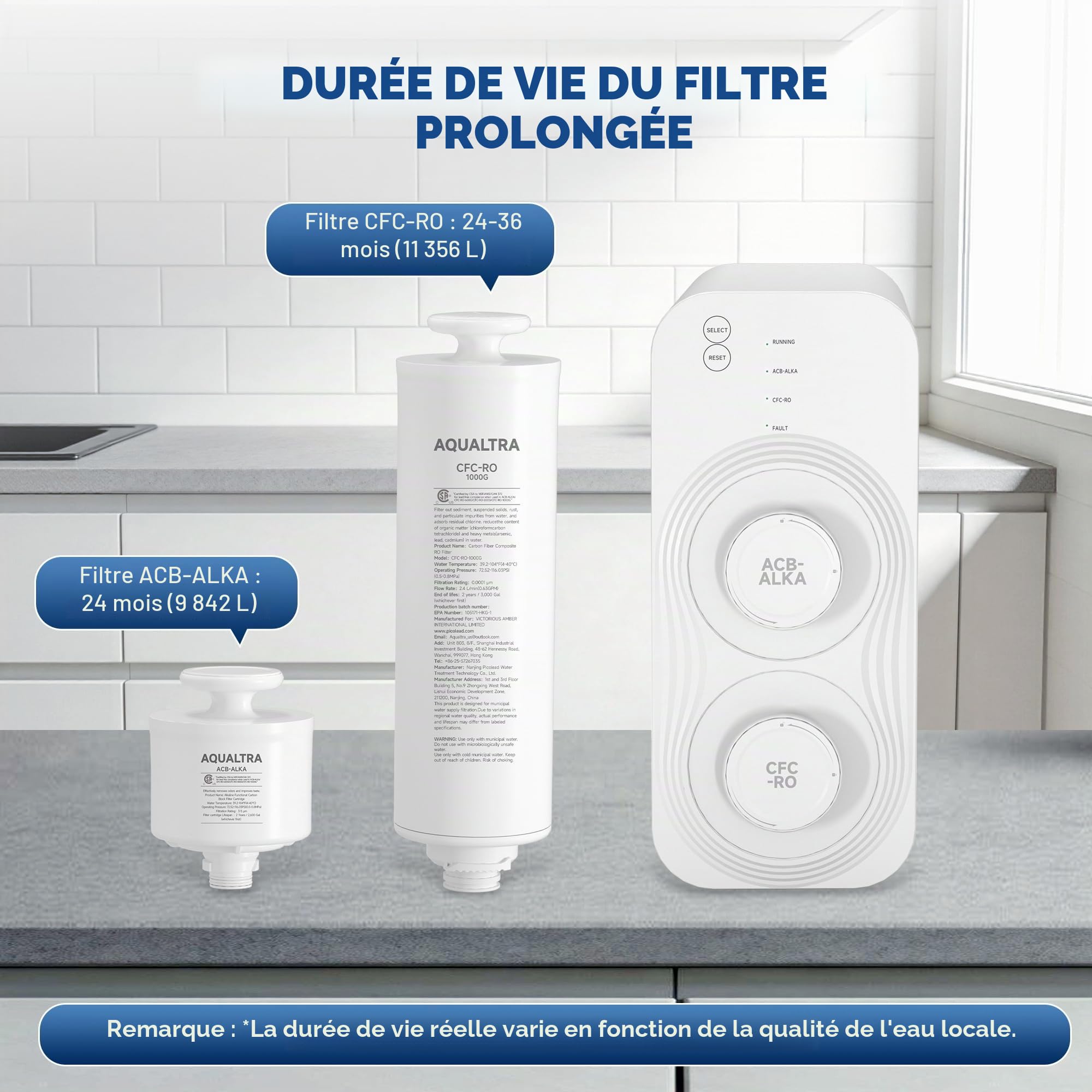 AQUALTRA USF-AR-1000 Système d'osmose inverse sous évier, osmoseur alcalin 10 étages sans réservoir, certifié NSF/ANSI/CAN 372, 1000 GPD, rapport pur/eaux usées 3:1, robinet LED intelligent