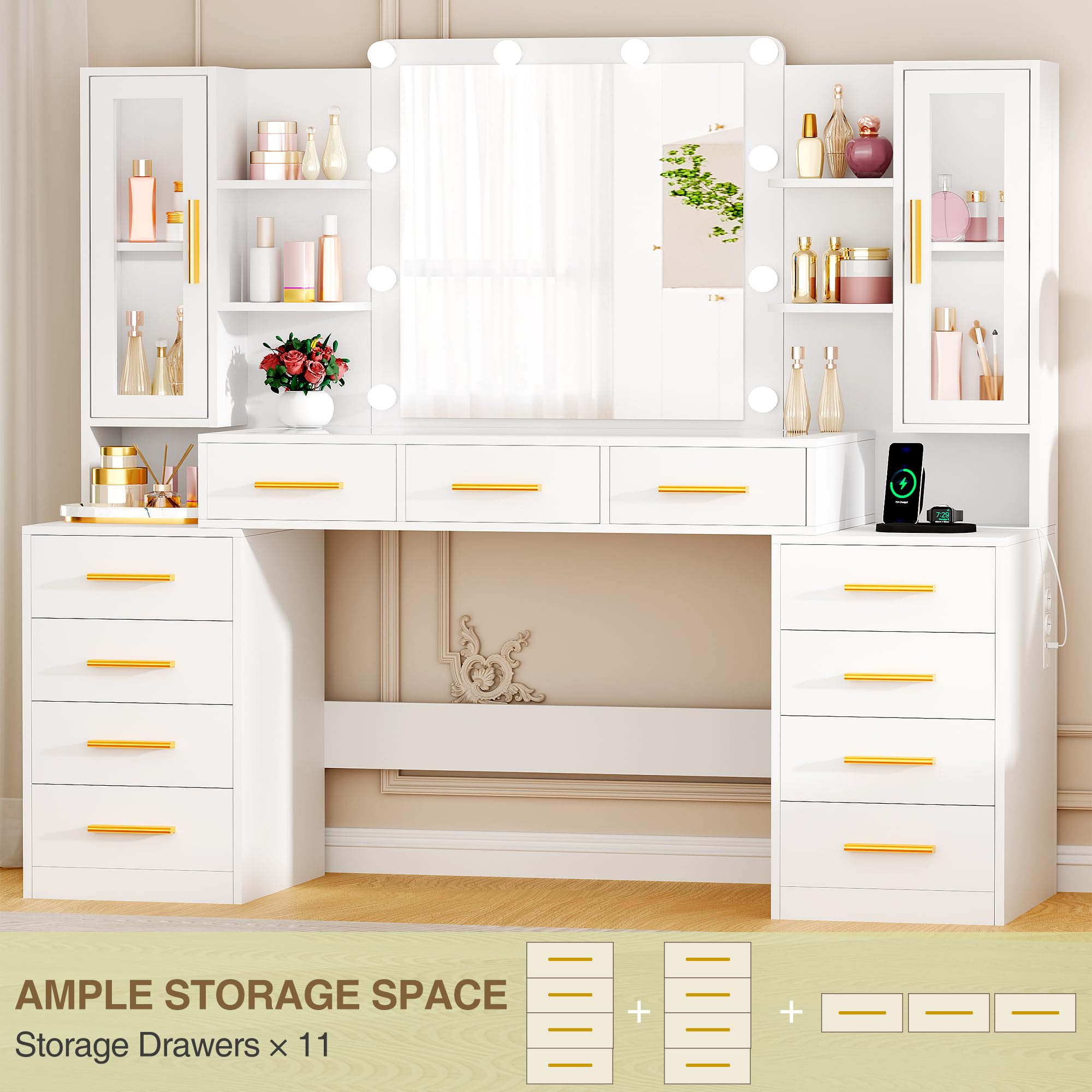 ANWBROAD 160cm Coiffeuse avec Miroir et Éclairage LED Grande Coiffeuse avec Plateau en Verre 11 Tiroirs, Prise de Courant, 6 Étagères, 2 Placards avec Portes, Table de Maquillage Moderne Blanc BDT27W