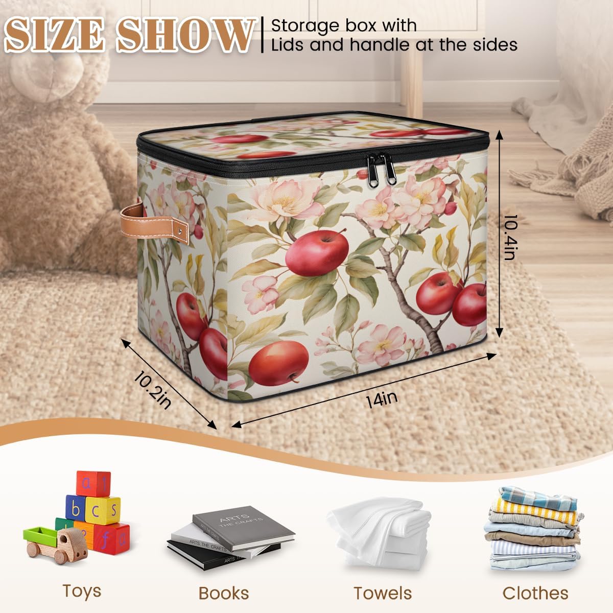 Storage Bin Set of 2 Flower Apples Storage Basket with Zipper Lid & Handle Foldable Closet Shelf 2 Pack Cloth Organizer Basket Cube Bins Clothes Organizer for Nursery, Bedroom