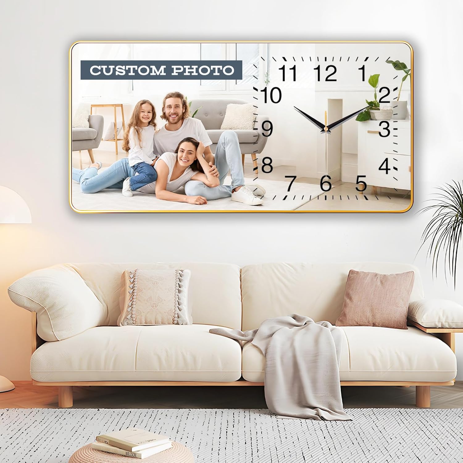 Custom Large Wall Clock, Personalized Image/Photo/Logo Decorative Wall Clock,Silent Non-Ticking Rectangle Wall Clocks for Living Room Office,Battery Operated Round Sweep Movement