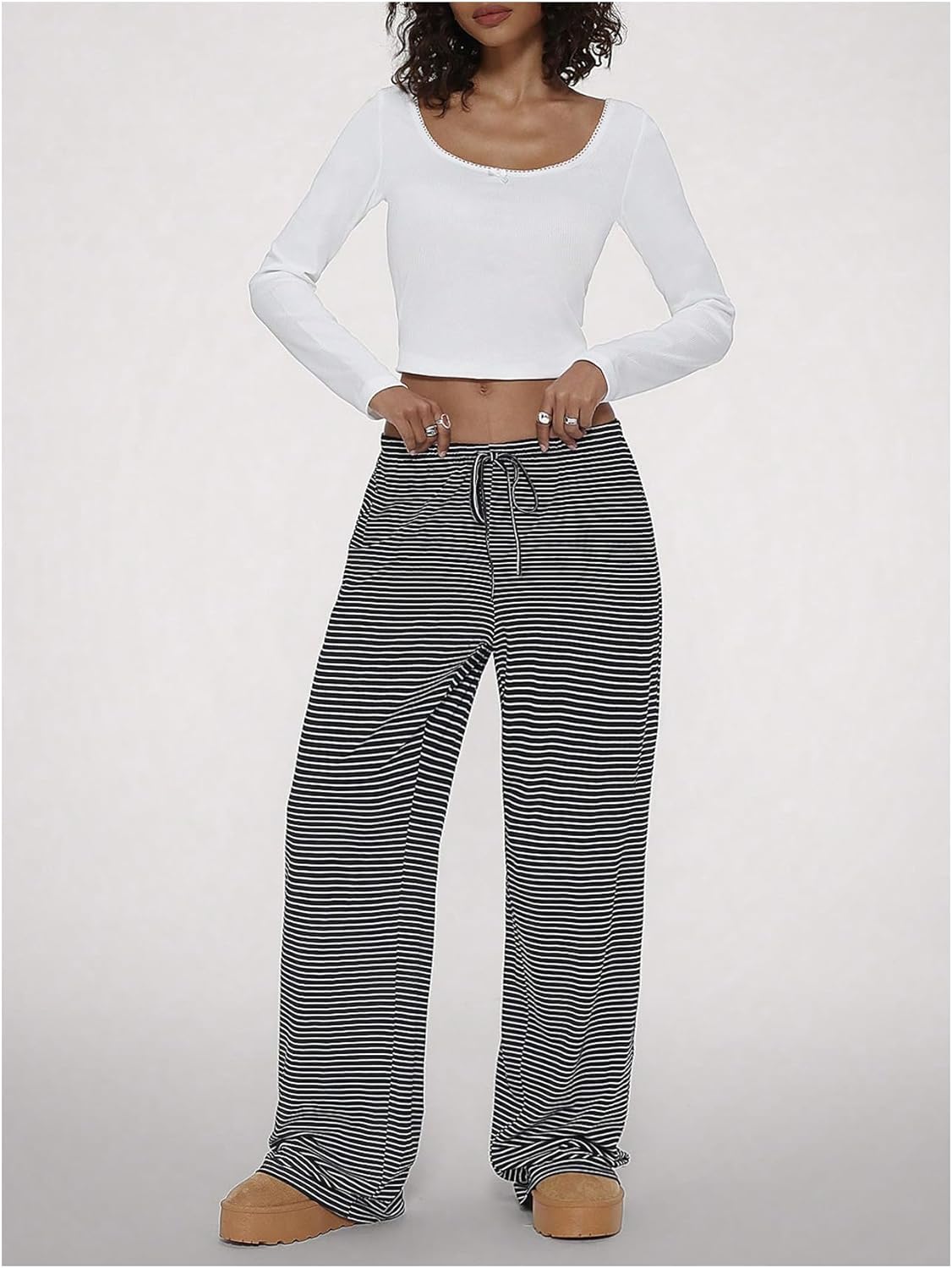 WDIRARA Women's Striped Drawstring Elastic Waist Pants Wide Leg Loose Lounge Pants - Image 6