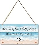 Beach Wedding Wooden Sign, Wedding Stuff, Engagement Party Ring Bearer Sign, Welcome Mr & Mrs Wed Reception Decorations Hanging Signs Wall Decor for Open Bar Decor 12 x 6 Inch