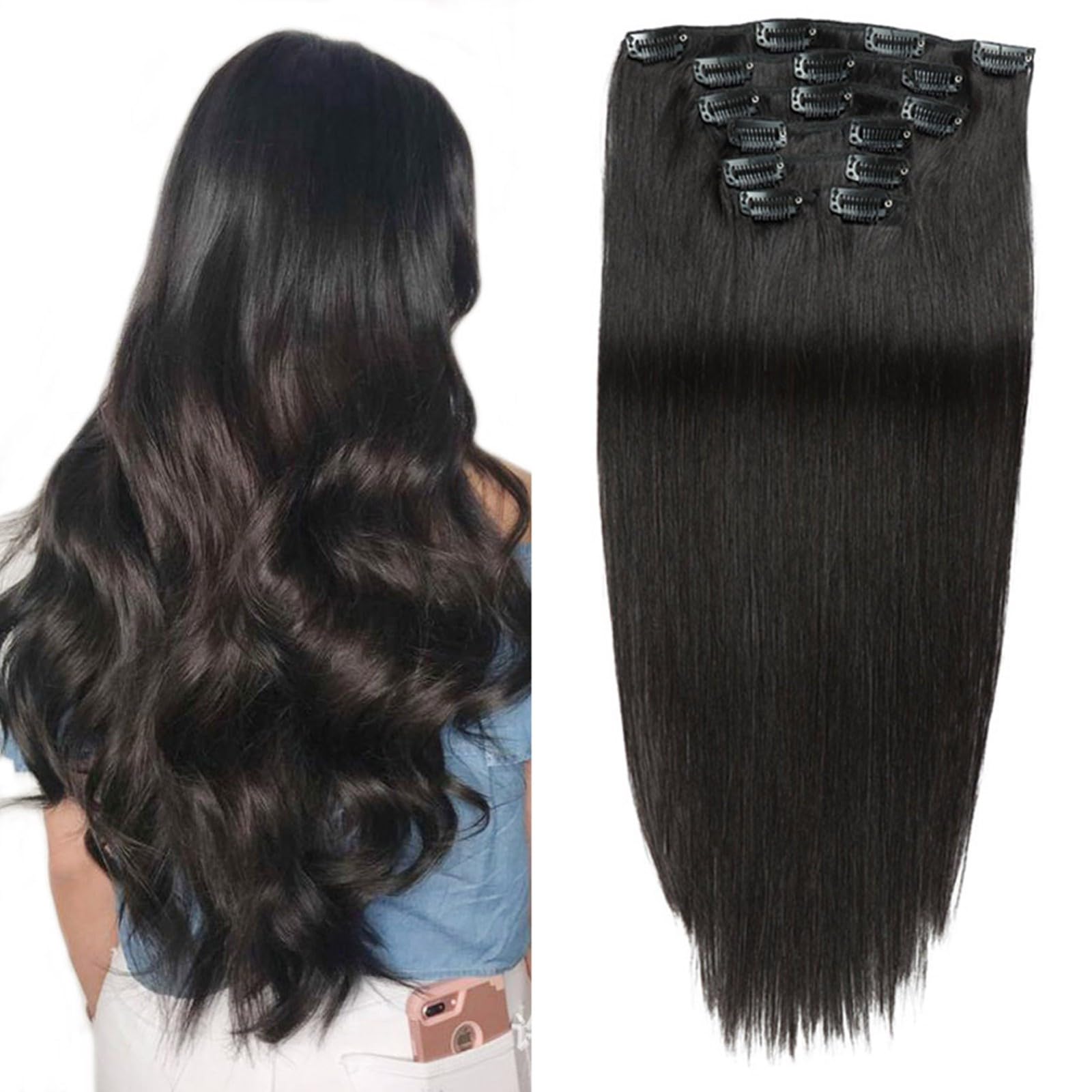 Clip In Hair Extensions 14 Inch 70g 7pcs Double Weft Straight 8 Pcs Premium Human Hair Clip-In Extensions with 18 Clips  main image 4