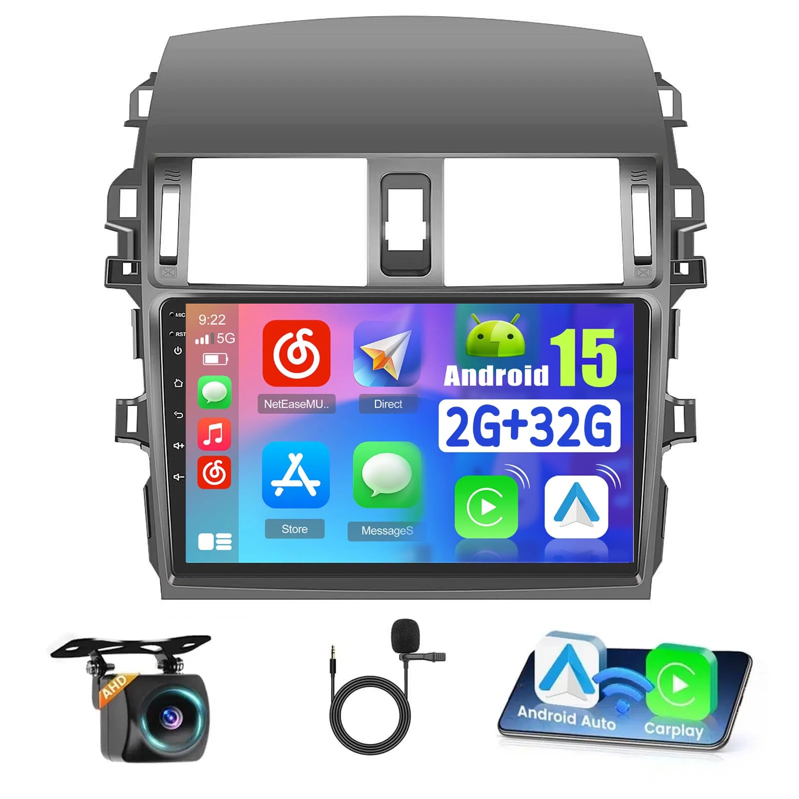 2+32GB Car Radio for Toyota Corolla 2009-2013 Wireless Carplay Android Auto, 9 Inch Touch Screen Stereo Android 15 DSP 32EQ GPS 5G WiFi Bluetooth SWC Backup Camera