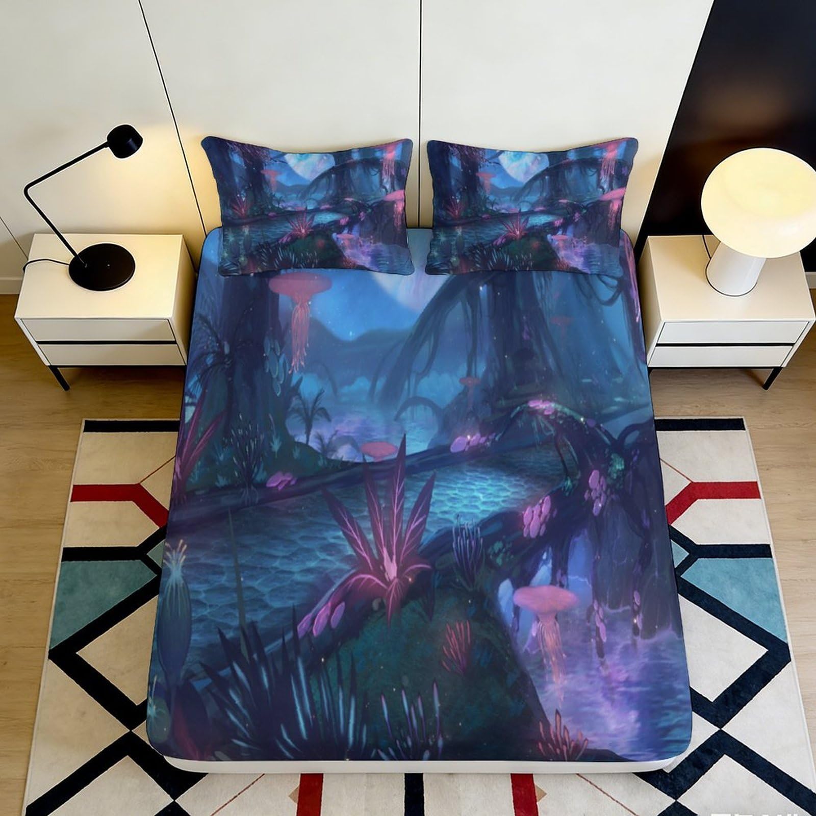 Jqzkxnhpbr Style-1 3D Printed Fantasy Jungle Fitted Sheet Microfiber Soft Breathable Neon Forest Bed Cover For Bedroom Guest Room Decor 90X200x25cm
