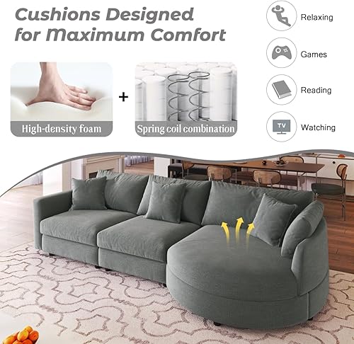 Miniatura 6 de 105" Modern L Shaped Chenille Modular Sofa with 3 Throw Pillows, 3-Seat Sectional Sofa Couch with Curved Chaise, Space Saving for Living Room,