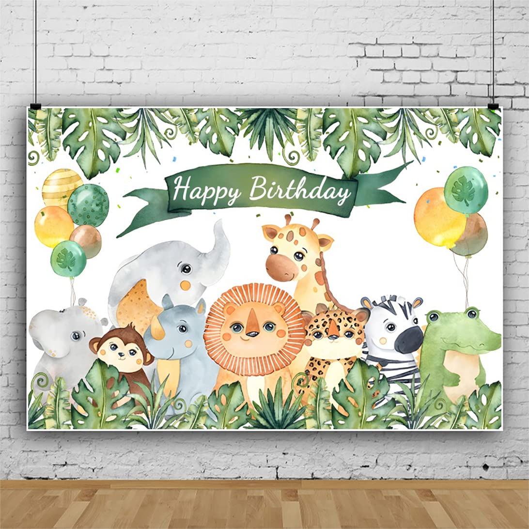 Bovlleetd 8x4ft Happy Birthday Background Cute Lion Elephant Monkey Rhino Birthday Party Decoration Banner Baby Shower Backdrop Animal Botanical Photography Background for Photo Booth Props — image 1