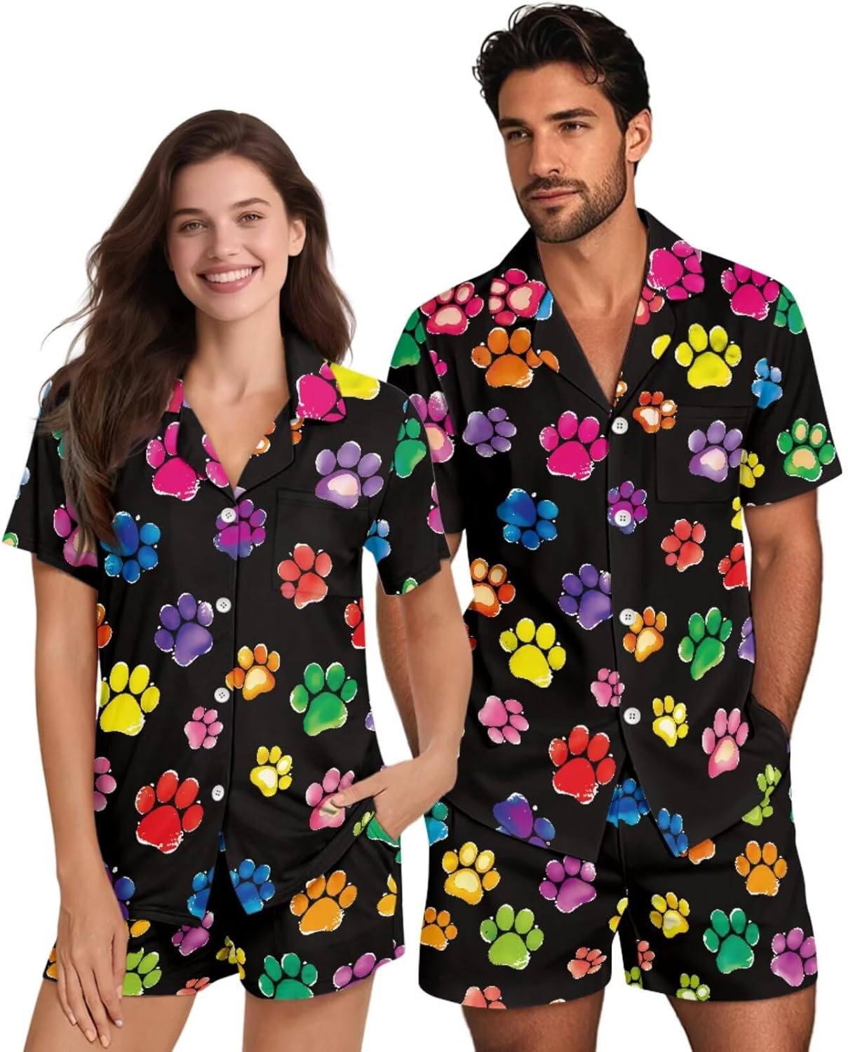 Lounge Set for Women Men Matching Pajamas for Couples Short Sleeve Sleep Shirt With Shorts Pjs Set with Pockets
