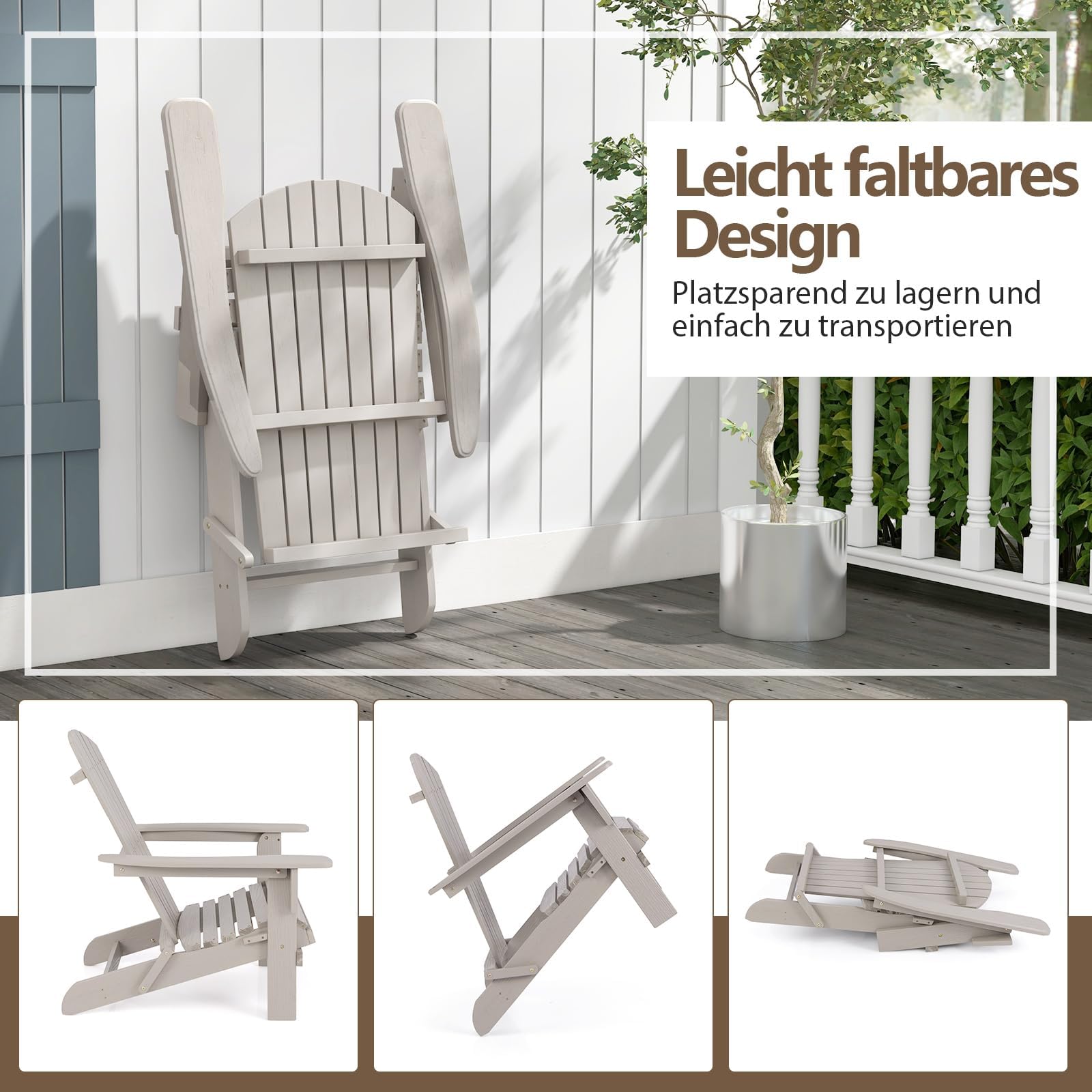 FANTASK 2er Set Adirondack-Stuhl von 51 x 46 cm, Gartensessel mit hoher Rückenlehne & Breiten Armlehnen, Chair aus Holz für Garten, Grau