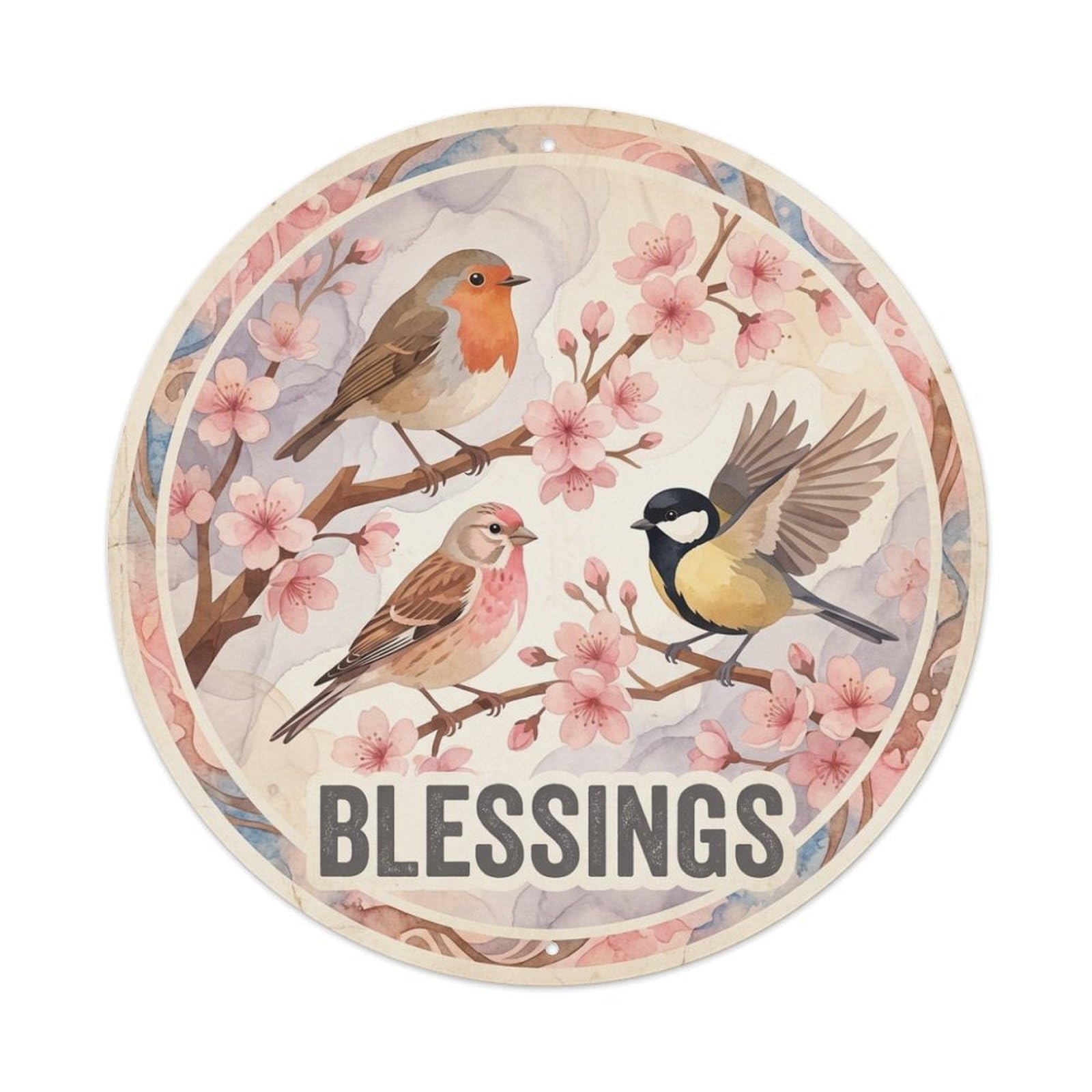 Cherry Blossom Watercolor Bird Slogan Blessings Metal Tin Sign