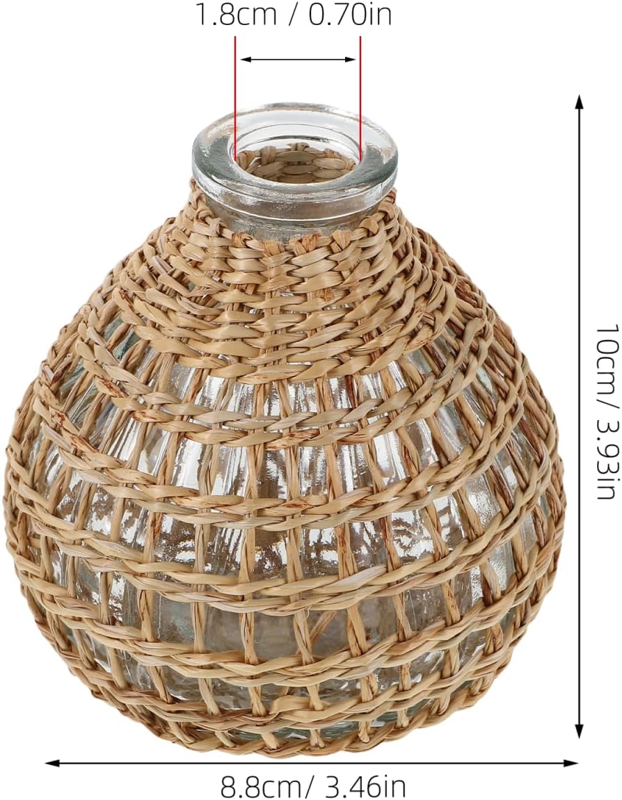 Vase with Rattan Cover, Handwoven Rattan Glass Bud Vase, Small Wicker Woven Cover Boho Floral Holder, Decorative Centerpiece for Flower Arrangements, Essential Oil Aromatherapy, Home Restaurant Decor