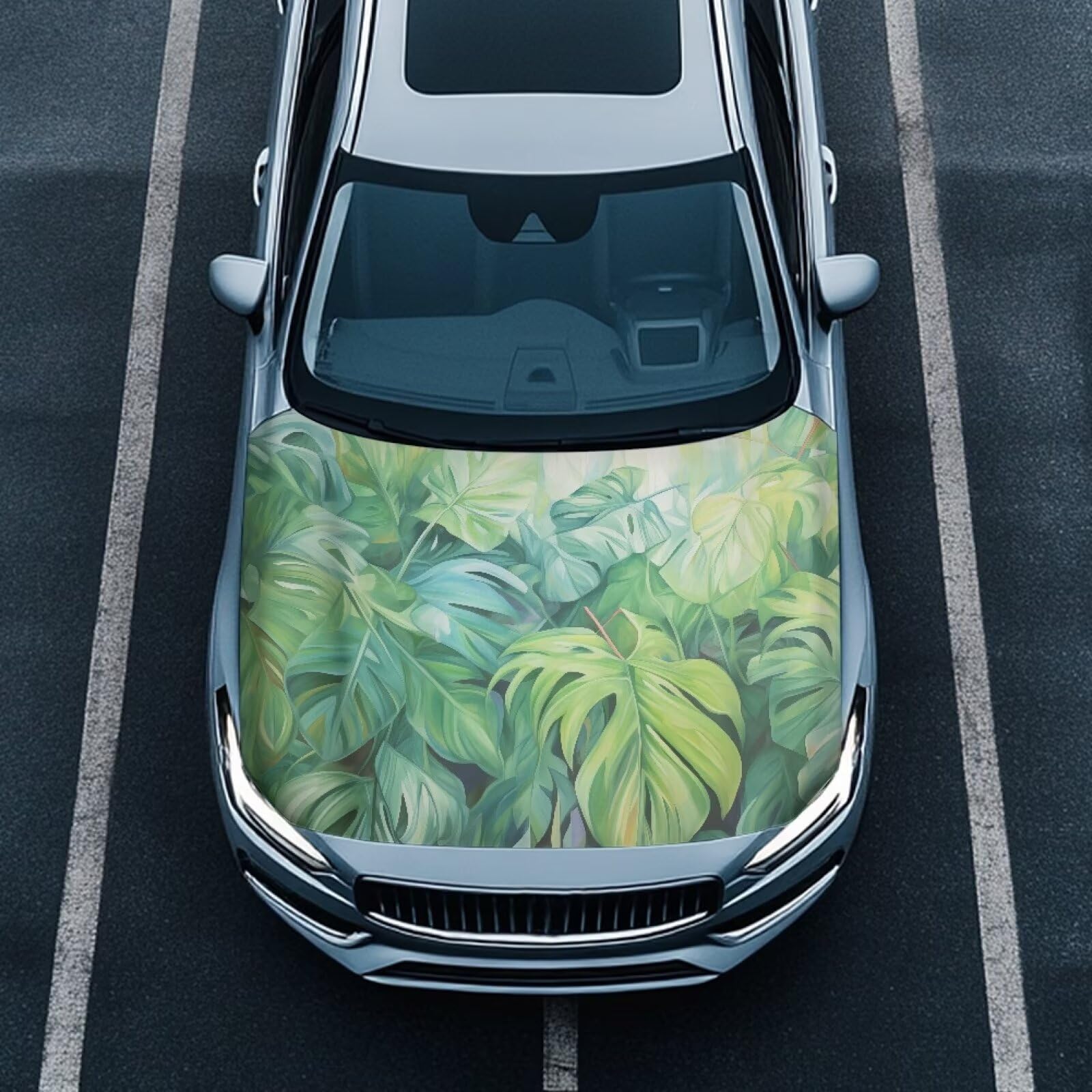Green Palm Leaves Car Hood Cover for Automobiles, Car Bonnet Banner, Universal Fit, Elastic Polyester, Stretchable, Waterproof Automotive Hood Covers,Car Accessories