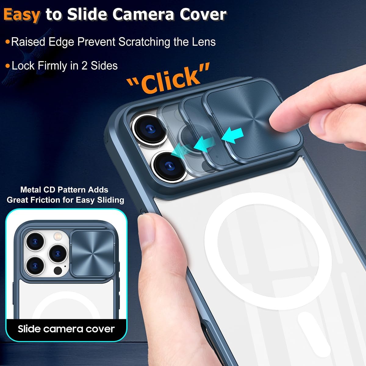 for iPhone 16 Pro Max MagSafe Clear Case with Slide Camera Lens Cover +1 Screen Protector, [Strong Magnets][Anti Yellow] Anti Scratch Back Soft Frame for iPhone 16 Pro Max 6.9"(Deep Blue) - Image 4