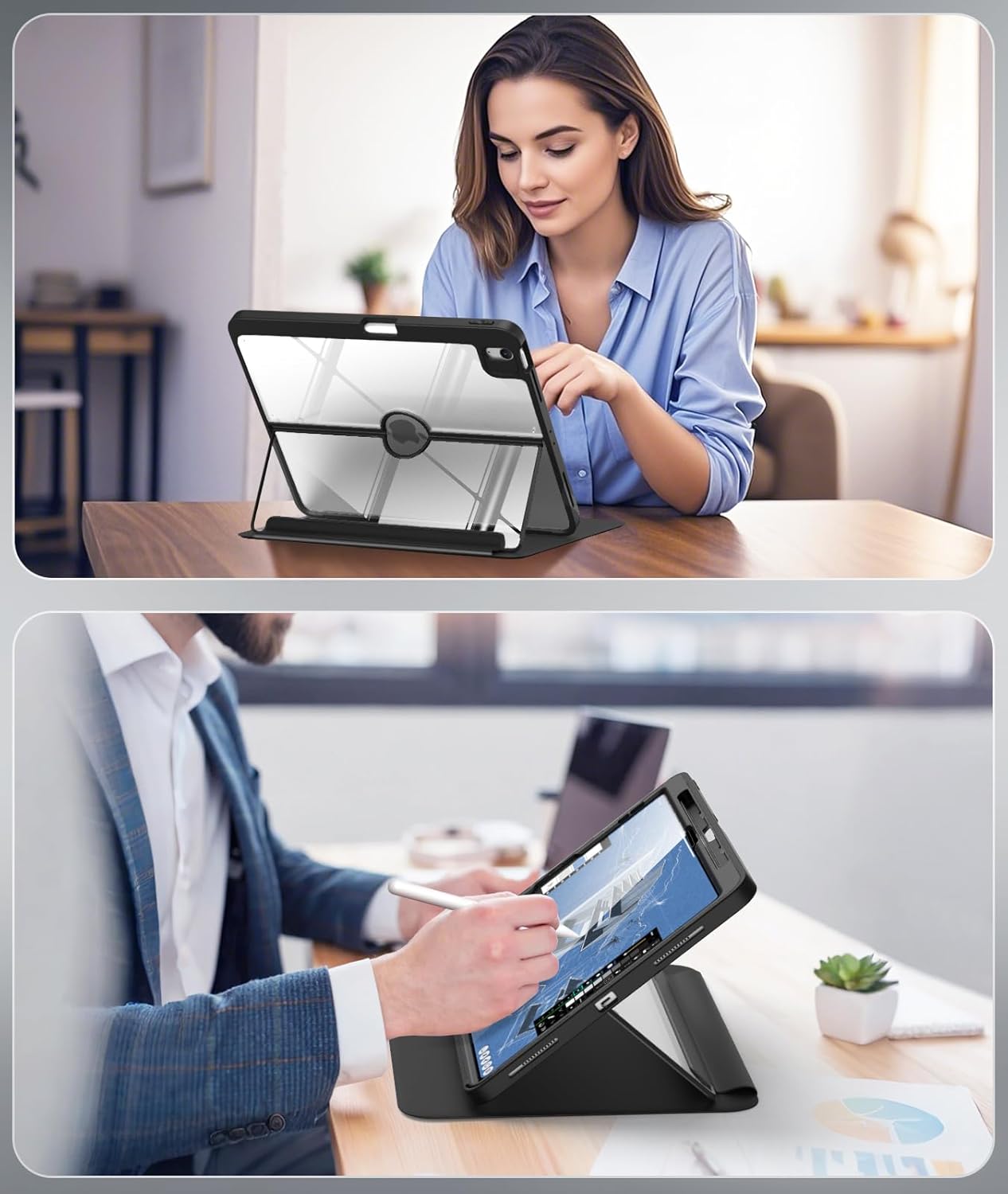 MoKo for iPad Air 13-Inch Case (M4/M3/M2) 2026/2025/2024 with Pencil Holder, Heavy Duty 13 Inch iPad Air Case with Screen Protector, Clear Back, Lens Protector, Multi-Angle Magnetic Stand, Black